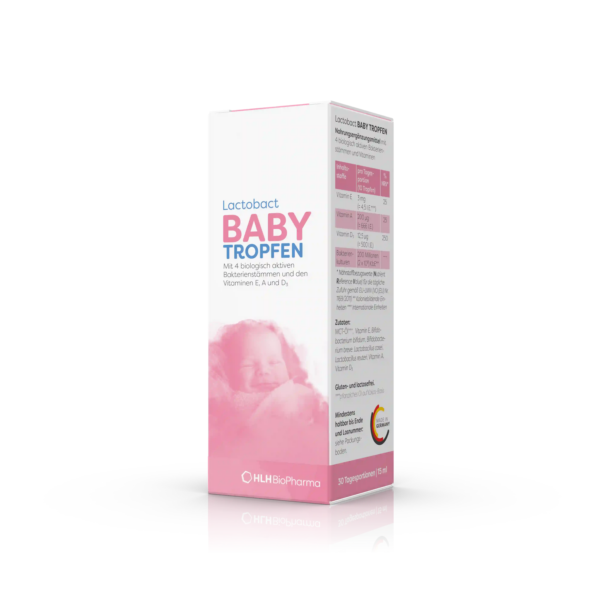 Produktbild schräge Ansicht von Lactobact BABY TROPFEN mit einem schlafendem Baby auf der rosafarbenen Verpackung.