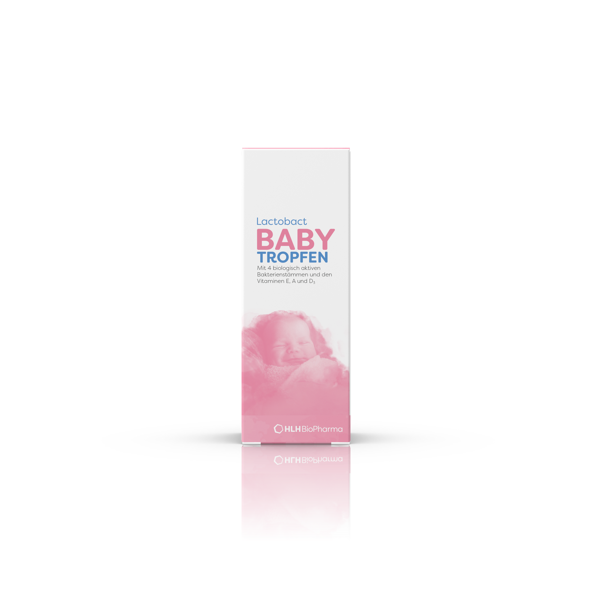 Produktbild Frontansicht von Lactobact BABY TROPFEN mit einem schlafendem Baby auf der rosafarbenen Verpackung.