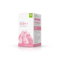Produktbild  schräge Ansicht der Kartonage Lactobact Baby+ 60g. mit in einem Handtuch eingewickelten Baby auf der rosa Verpackung.