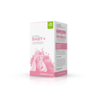 Produktbild  schräge Ansicht der Kartonage Lactobact Baby+ 60g. mit in einem Handtuch eingewickelten Baby auf der rosa Verpackung.
