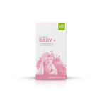 Produktbild der Kartonage Lactobact Baby+ 60g. mit in einem Handtuch eingewickelten Baby auf der rosa Verpackung.