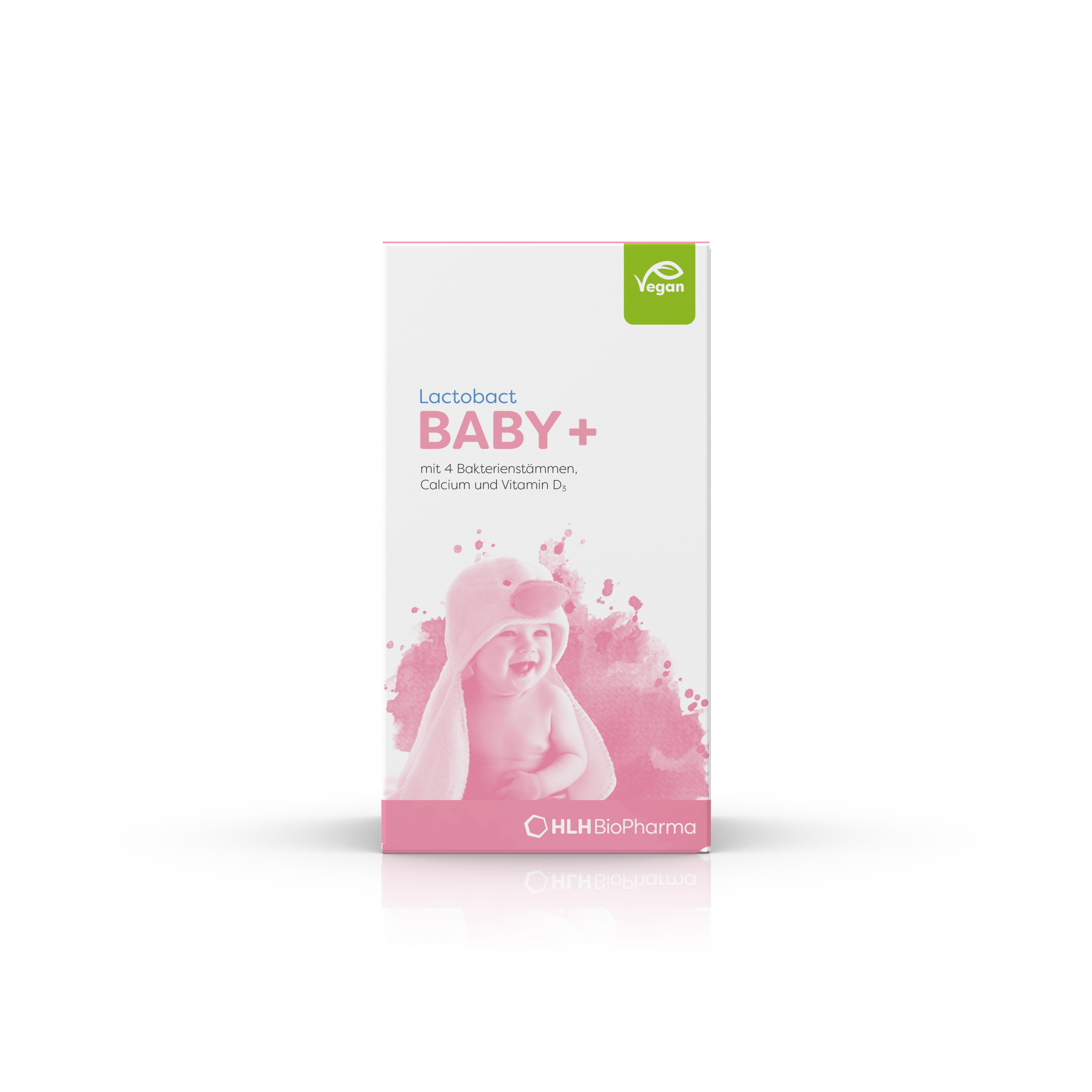 Produktbild der Kartonage Lactobact Baby+ 60g. mit in einem Handtuch eingewickelten Baby auf der rosa Verpackung.