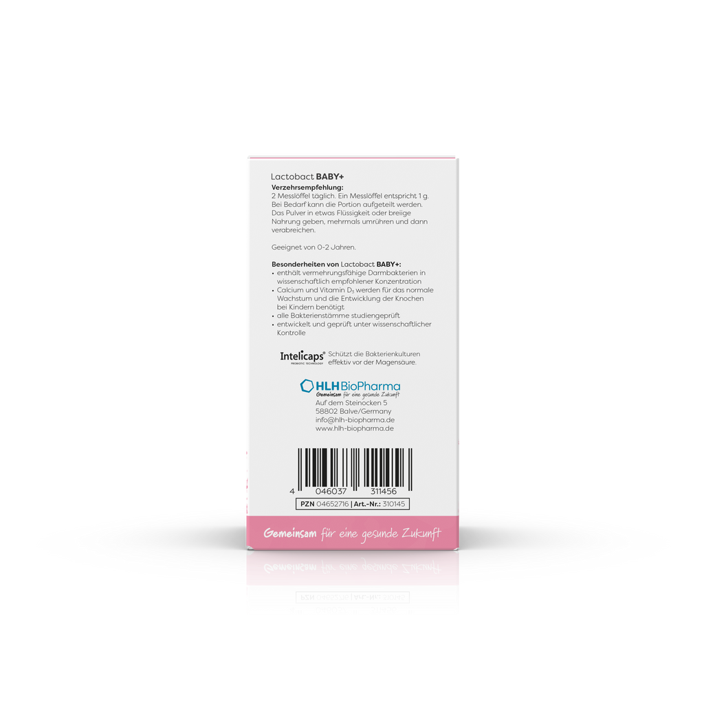 Kartonage Lactobact Baby plus von links, 60g Packung