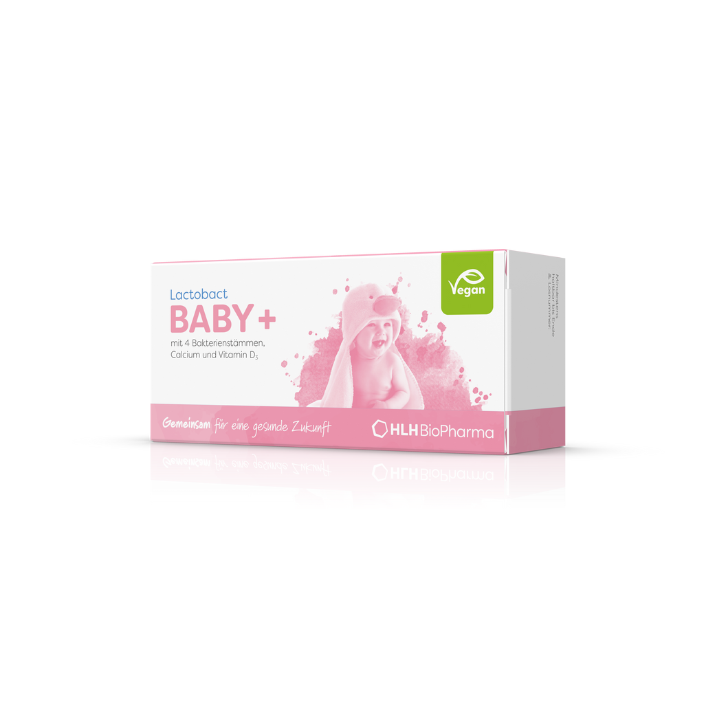 Produktbild der Kartonage Lactobact Baby+ mit in einem Handtuch eingewickelten Baby auf dem Etikett.  7 Tage Packung