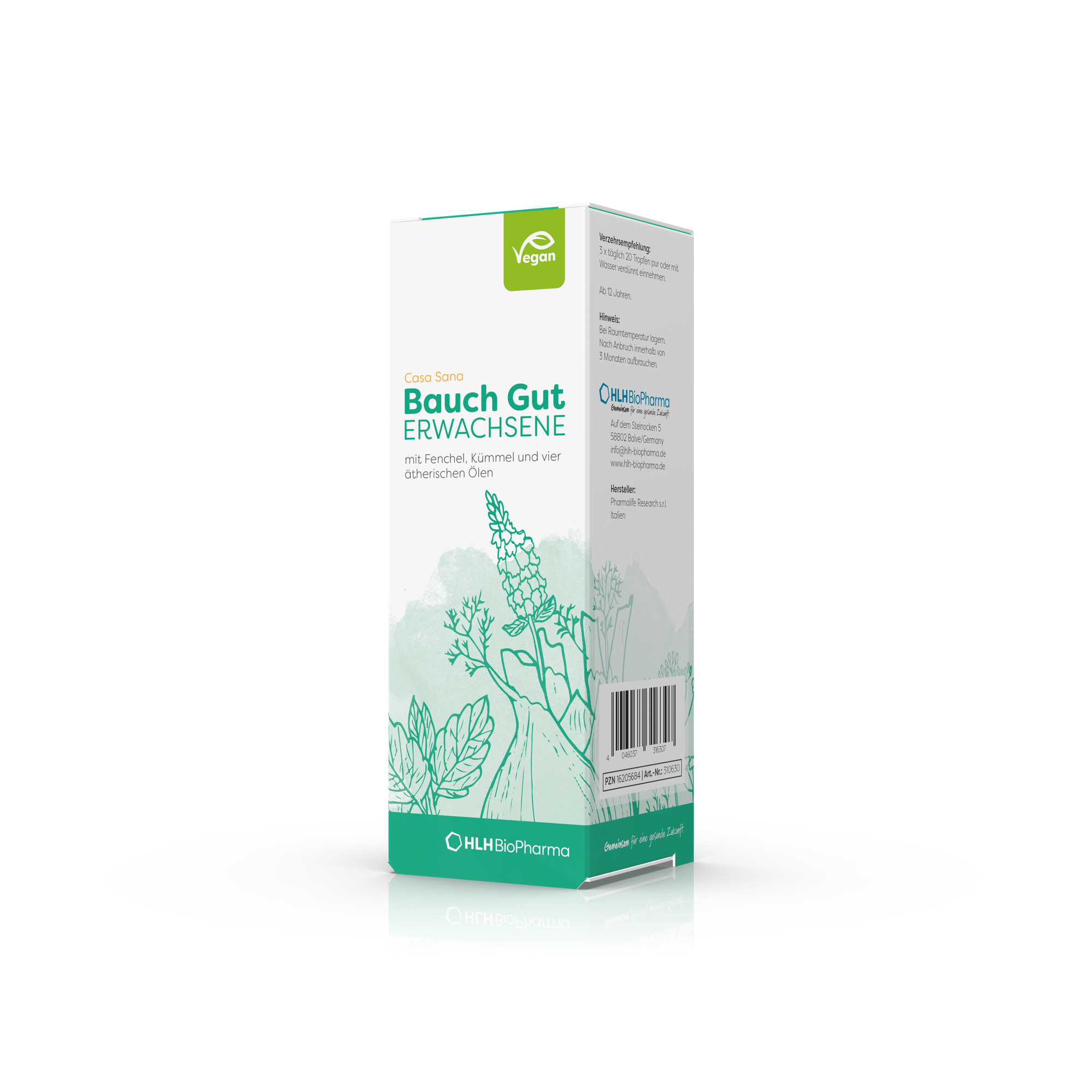 Produktbild schräge Ansicht des Casa Sana Bauch Gut ERWACHSENE mit grüner Silhouette einiger Pflanzen auf der Verpackung.