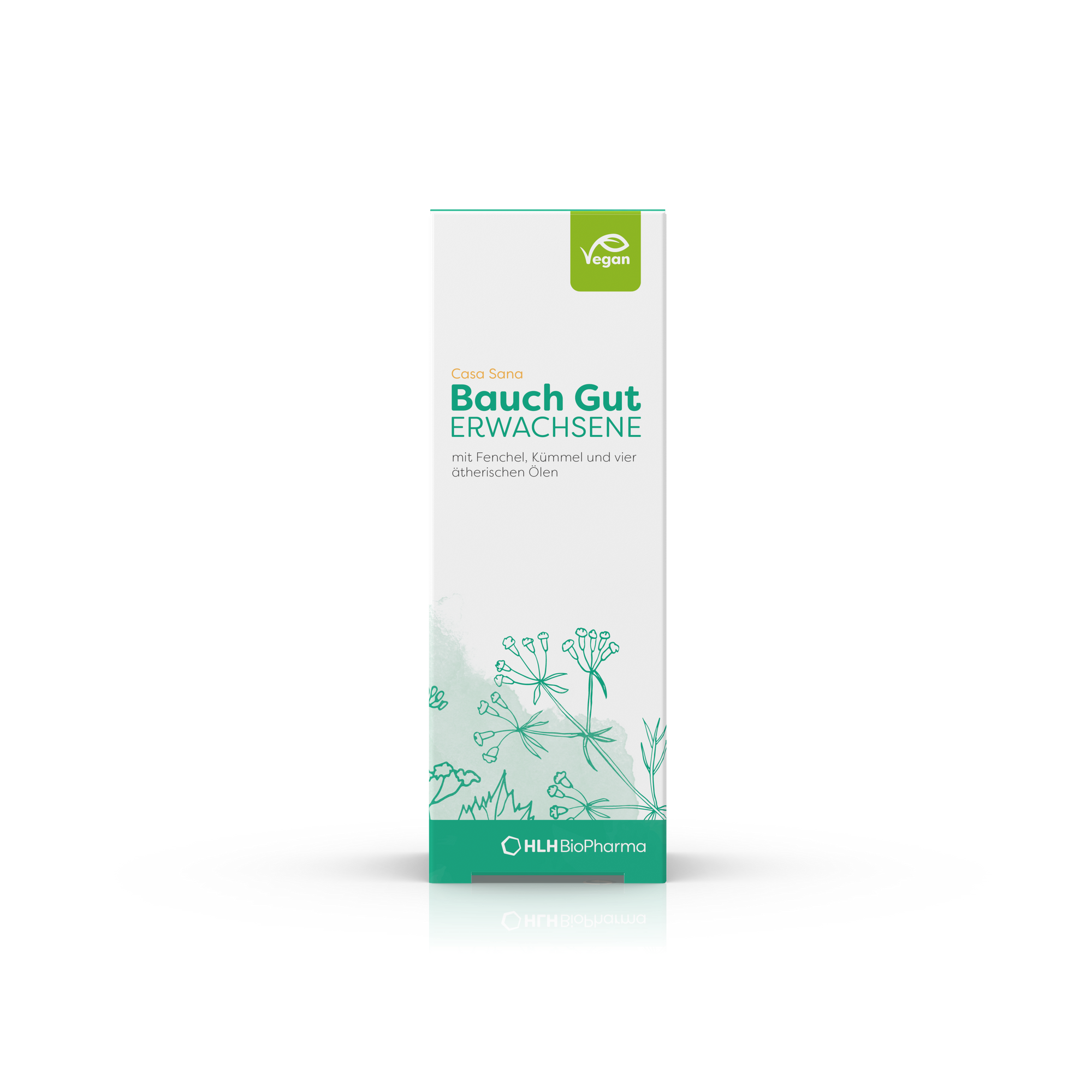 Kartonage Casa Sana Bauch Gut Erwachsene mit grüner Silhouette einiger Pflanzen auf der Verpackung von vorne