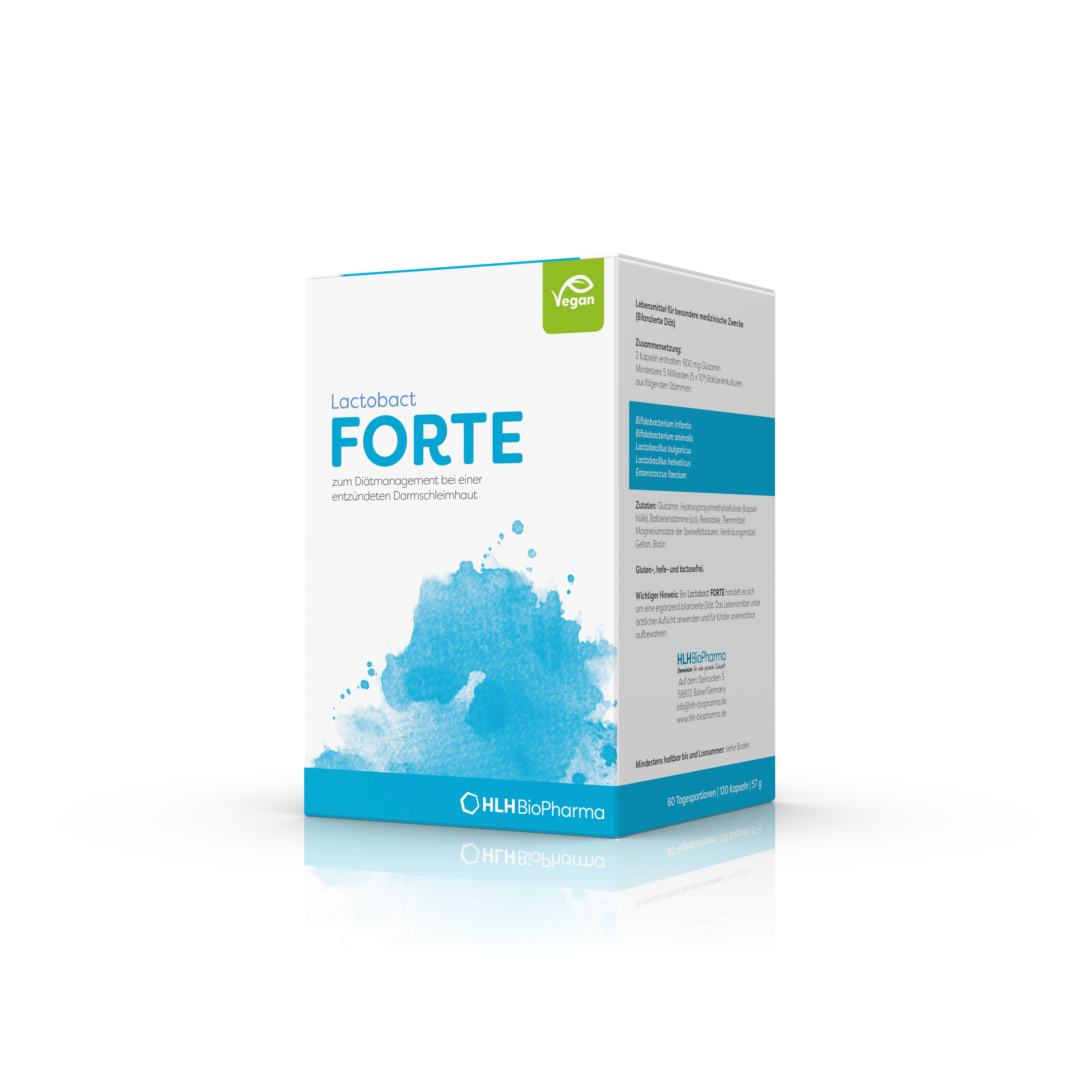 Produktbild schräge Ansicht von Lactobact FORTE 120 Kapseln mit hellblauem Aquarell Wasserfleck auf der Verpackung. 
