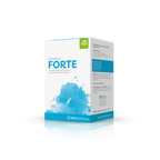 Produktbild schräge Ansicht von Lactobact FORTE 120 Kapseln mit hellblauem Aquarell Wasserfleck auf der Verpackung. 