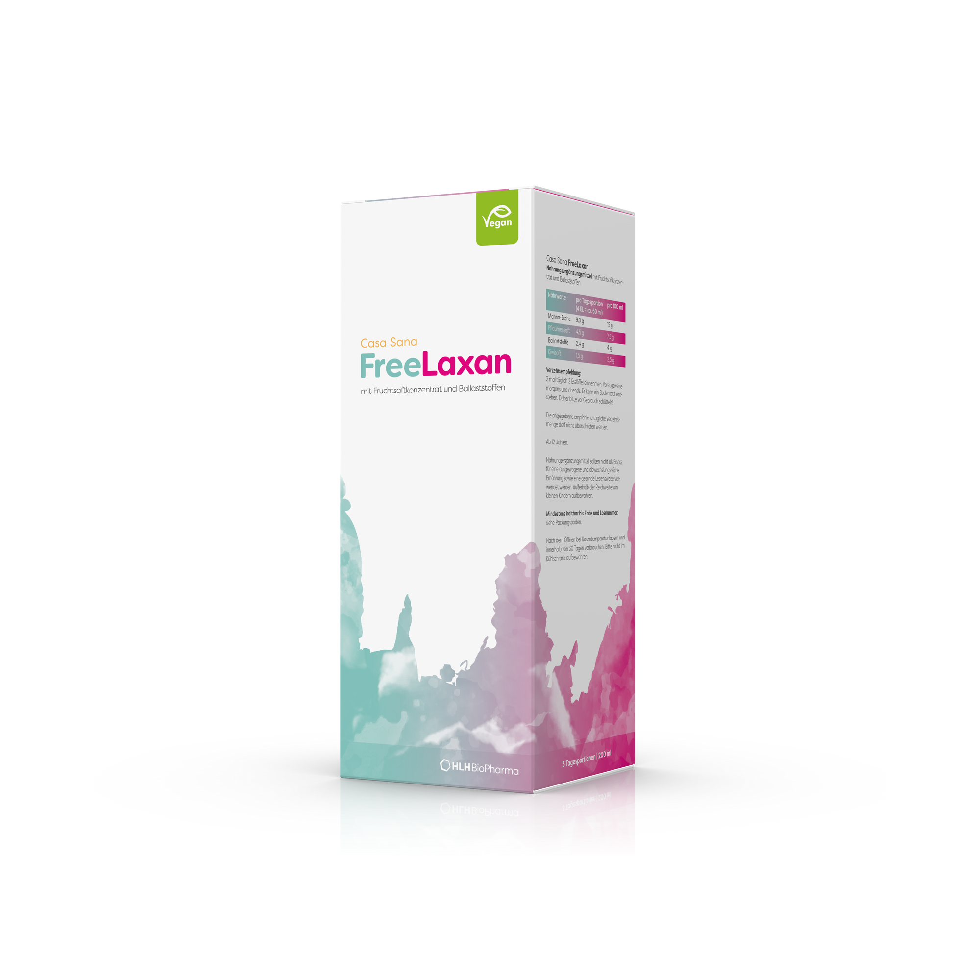 Produktbild schräge Ansicht des Casa Sana FreeLaxan mit mint-lilafarbenem Aquarell Wasserfleck auf der Verpackung.