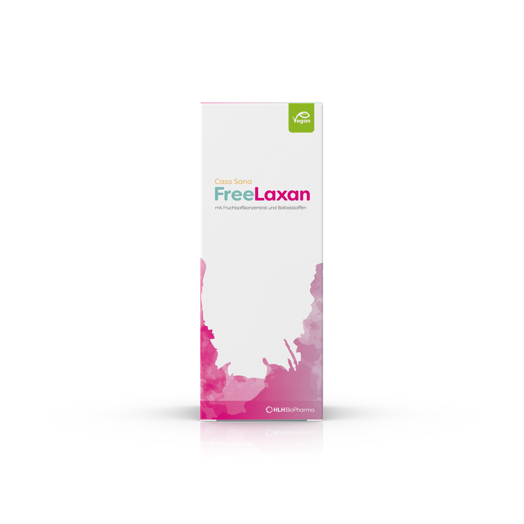Produktbild des Casa Sana FreeLaxan mit pinkfarbenem Aquarell Wasserfleck auf der Verpackung. Ansicht Rückseite