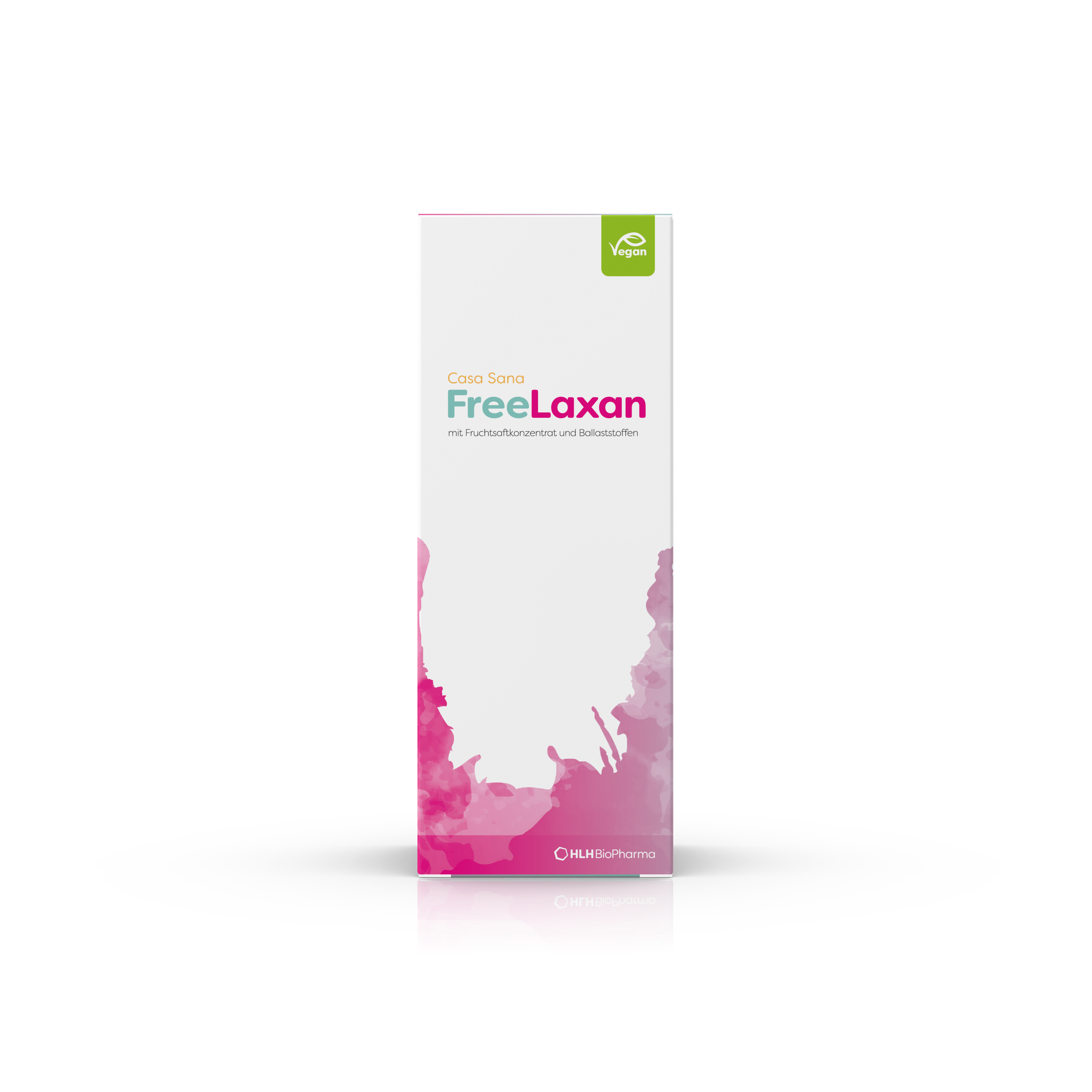 Produktbild des Casa Sana FreeLaxan mit pinkfarbenem Aquarell Wasserfleck auf der Verpackung. Ansicht Rückseite