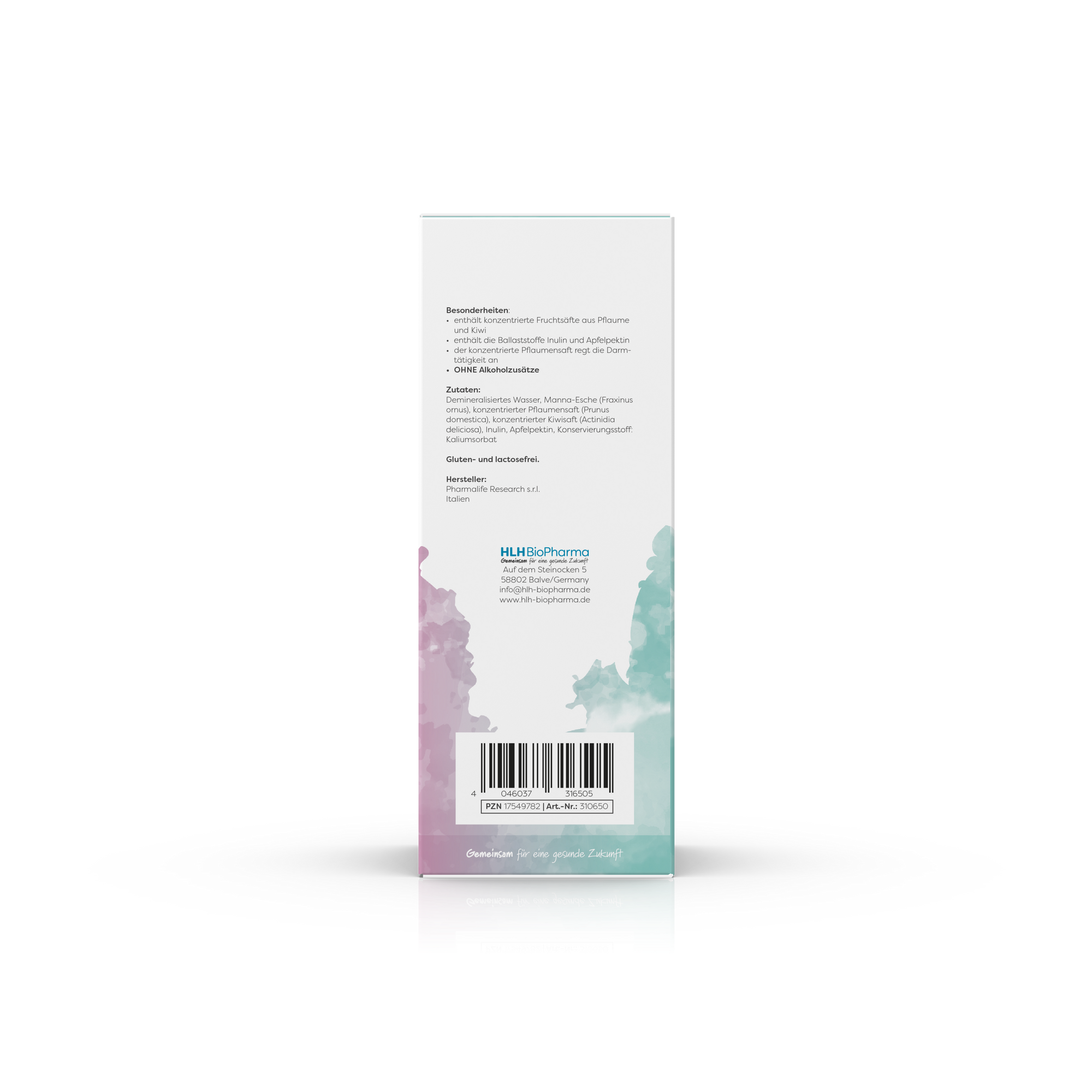 Produktbild des Casa Sana FreeLaxan mit lila-mintfarbenem Aquarell Wasserfleck auf der Verpackung. Ansicht linke Seite