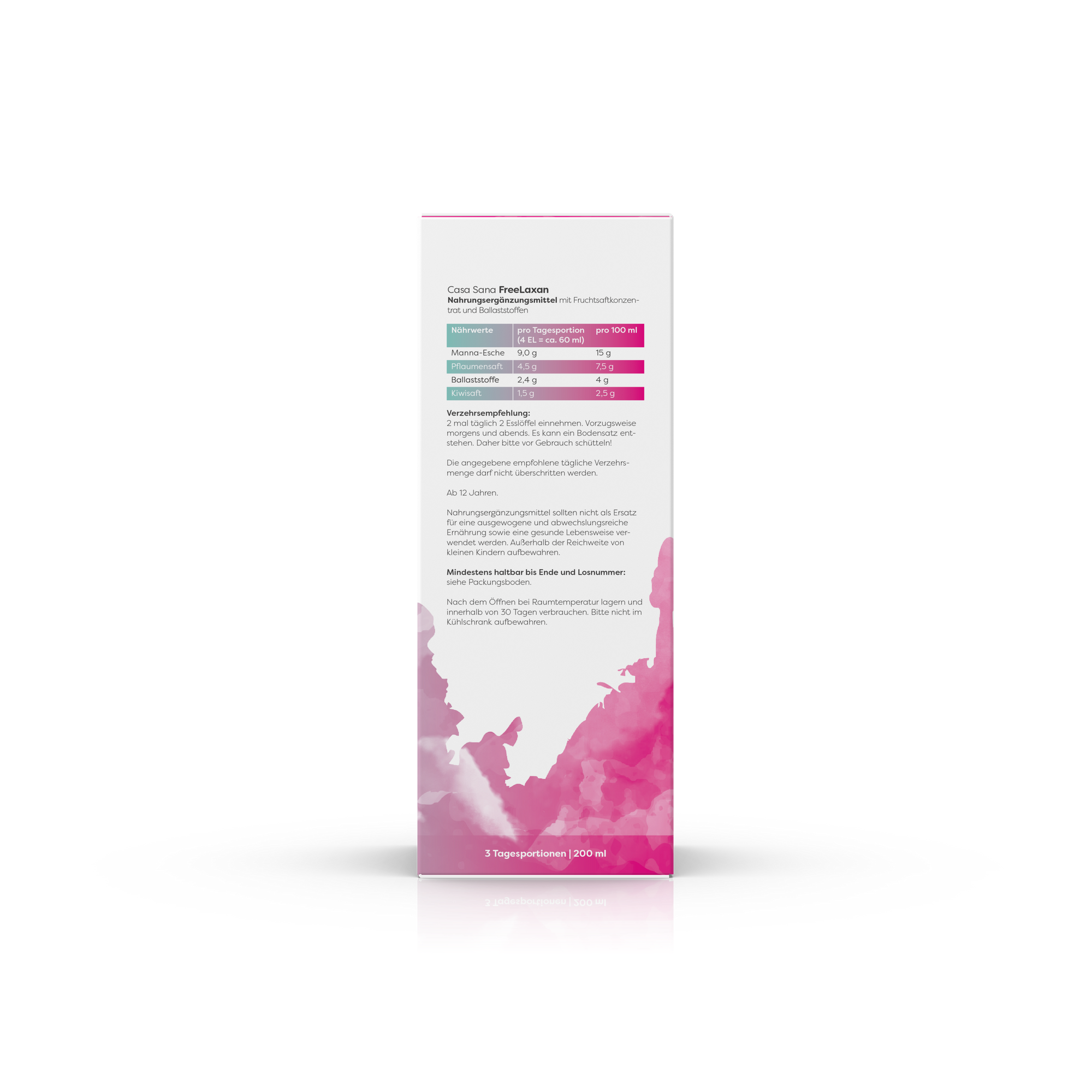 Produktbild des Casa Sana FreeLaxan mit pinkfarbenem Aquarell Wasserfleck auf der Verpackung. Ansicht rechte Seite