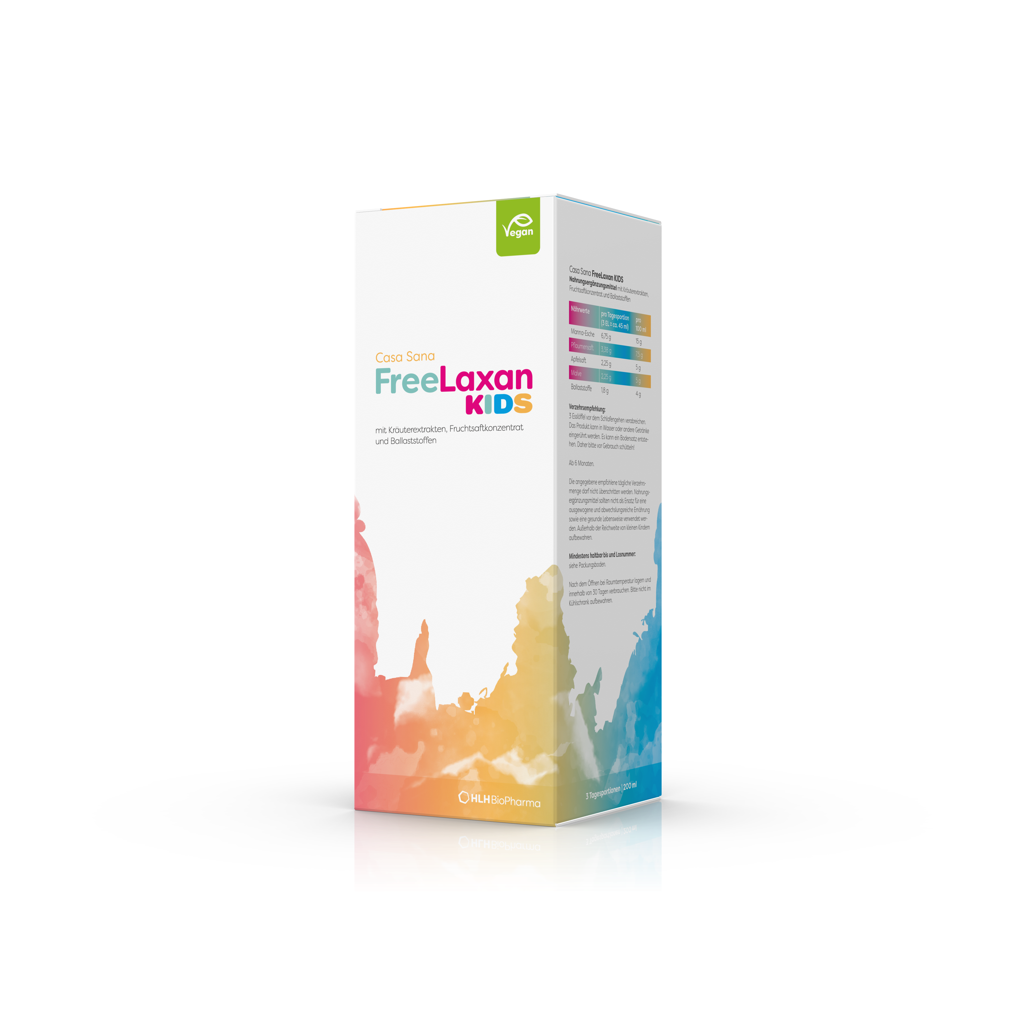 Produktbild schräge Ansicht des Casa Sana FreeLaxan KIDS mit orange-gelbfarbenem Aquarell Wasserfleck auf der Verpackung. 
