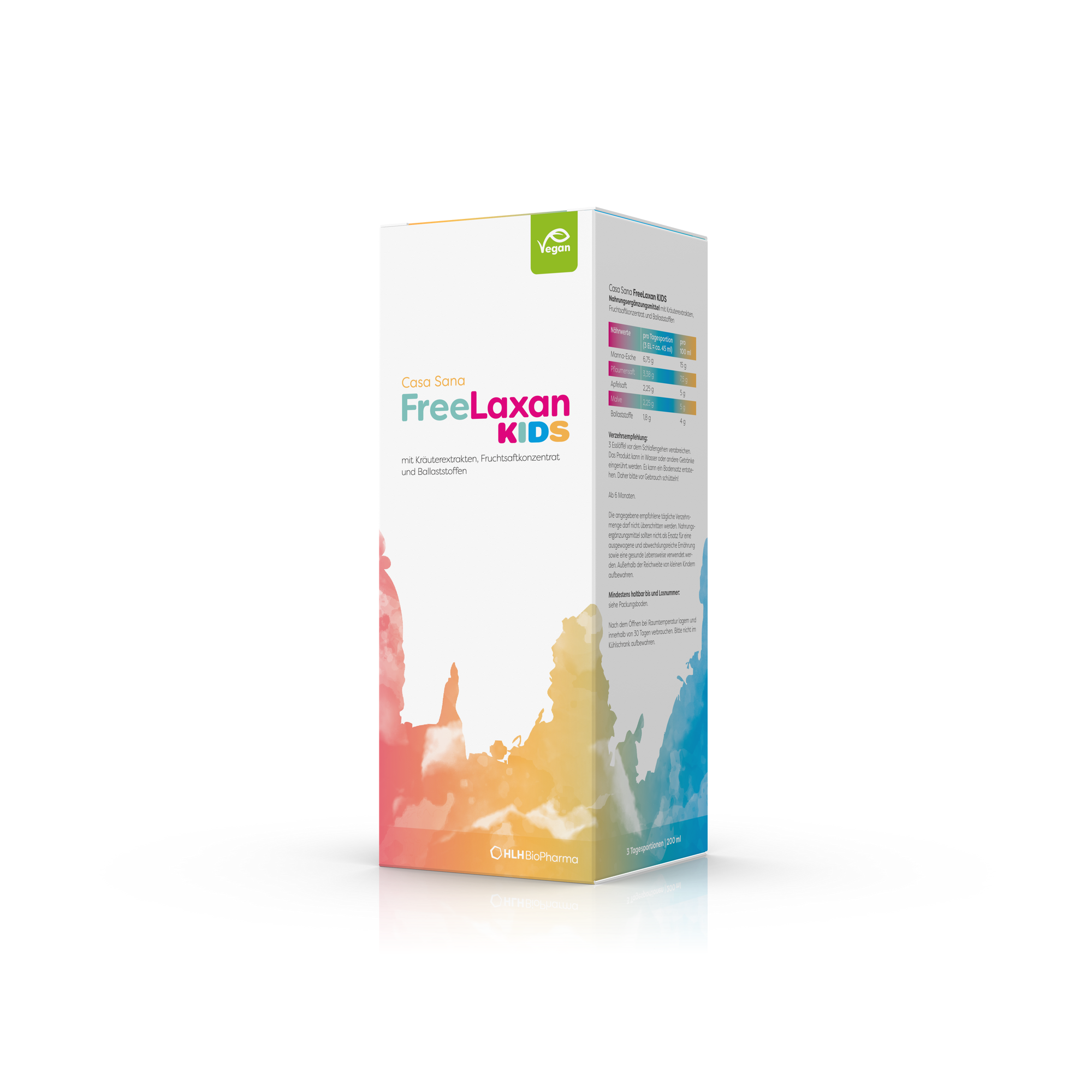 Produktbild schräge Ansicht des Casa Sana FreeLaxan KIDS mit orange-gelbfarbenem Aquarell Wasserfleck auf der Verpackung. 