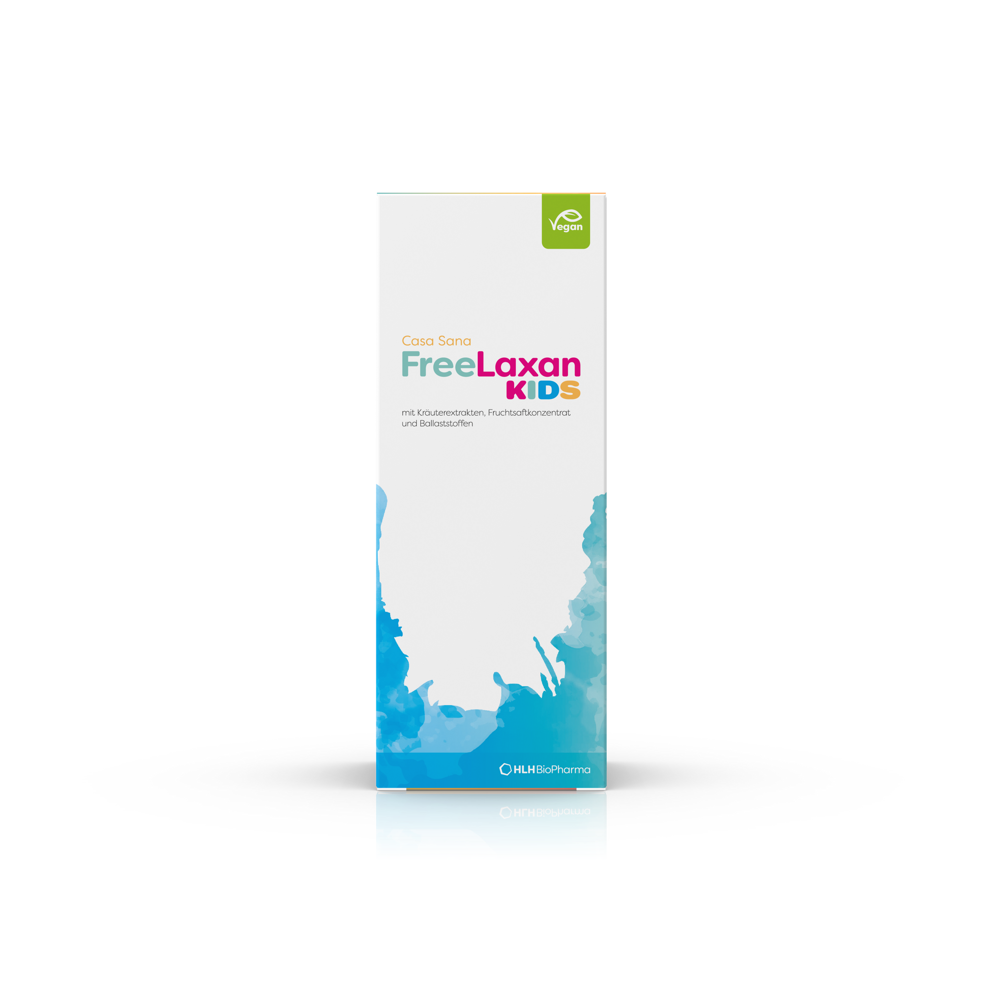 Produktbild des Casa Sana FreeLaxan KIDS mit blauen Aquarell Wasserfleck auf der Verpackung. Ansicht Rückseite