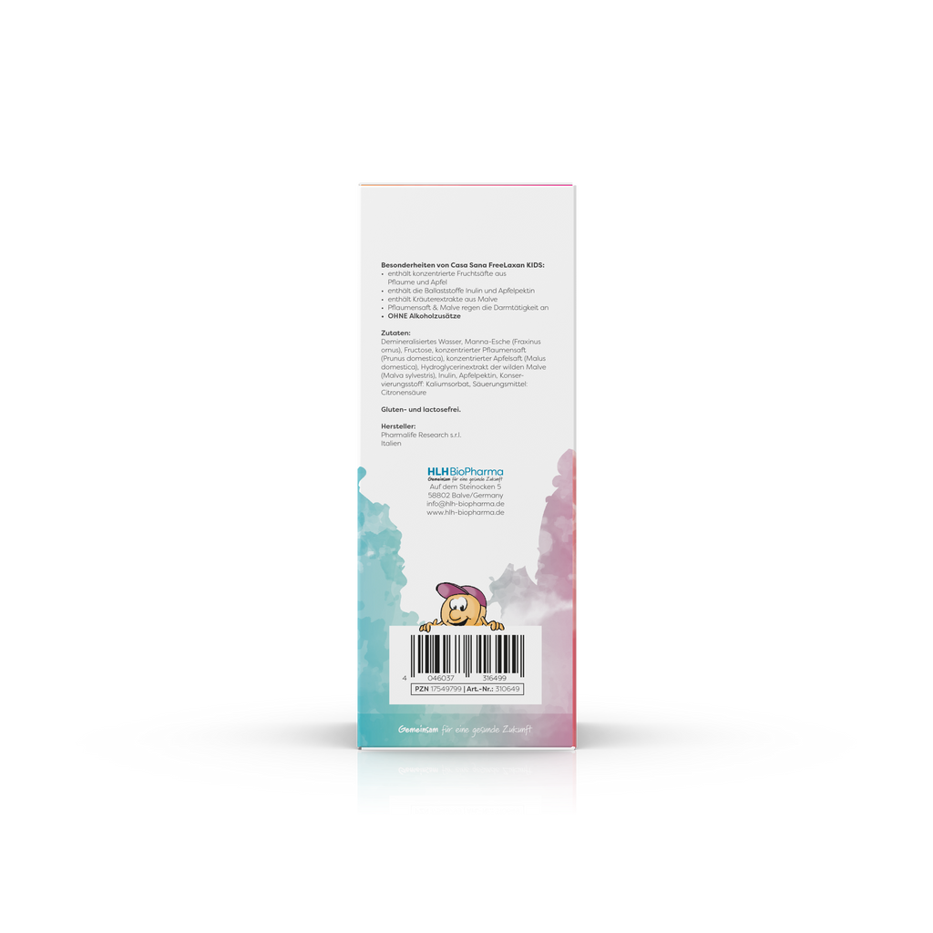 Produktbild des Casa Sana FreeLaxan KIDS mit blau-lilafarbenem Aquarell Wasserfleck auf der Verpackung. Ansicht linke Seite