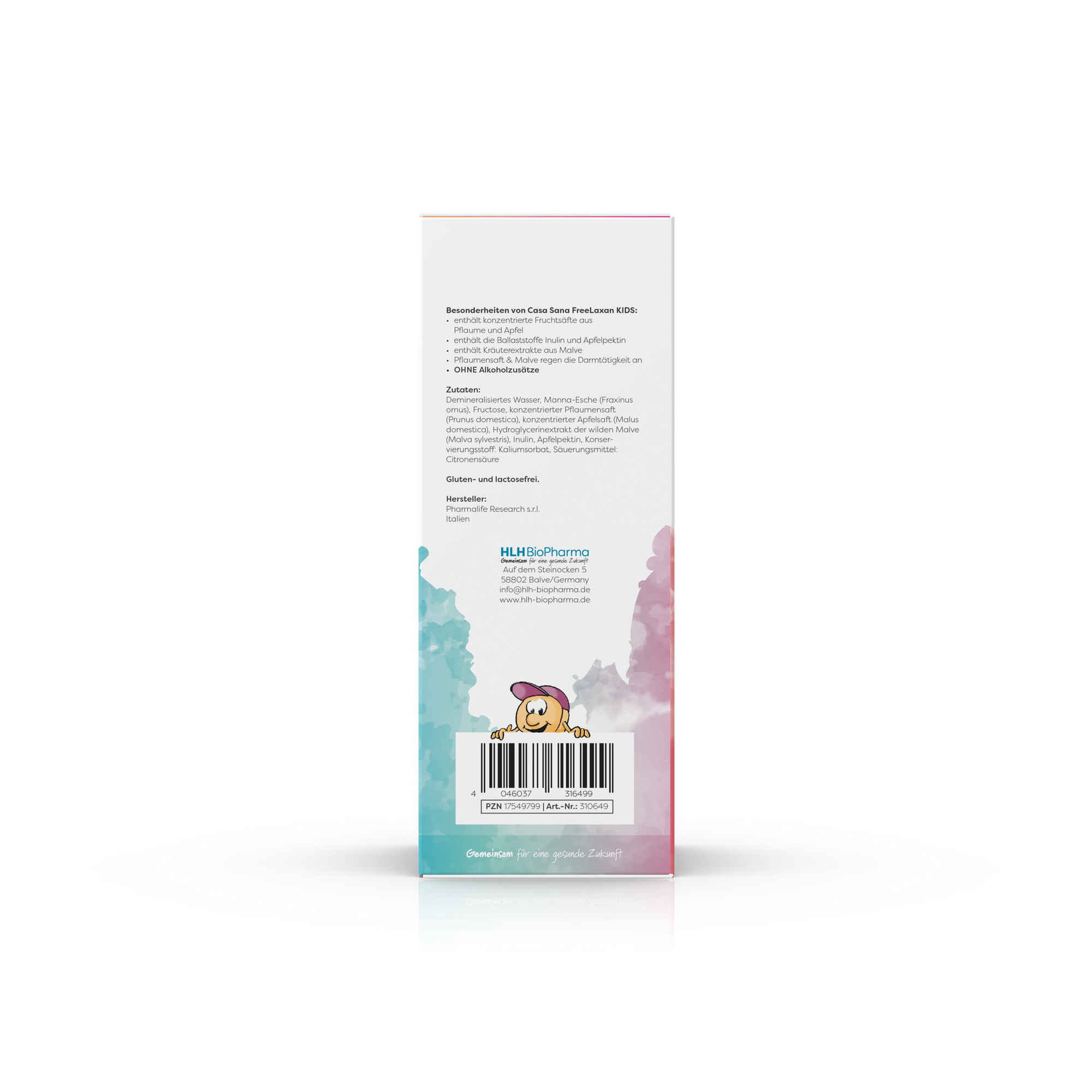 Produktbild des Casa Sana FreeLaxan KIDS mit blau-lilafarbenem Aquarell Wasserfleck auf der Verpackung. Ansicht linke Seite
