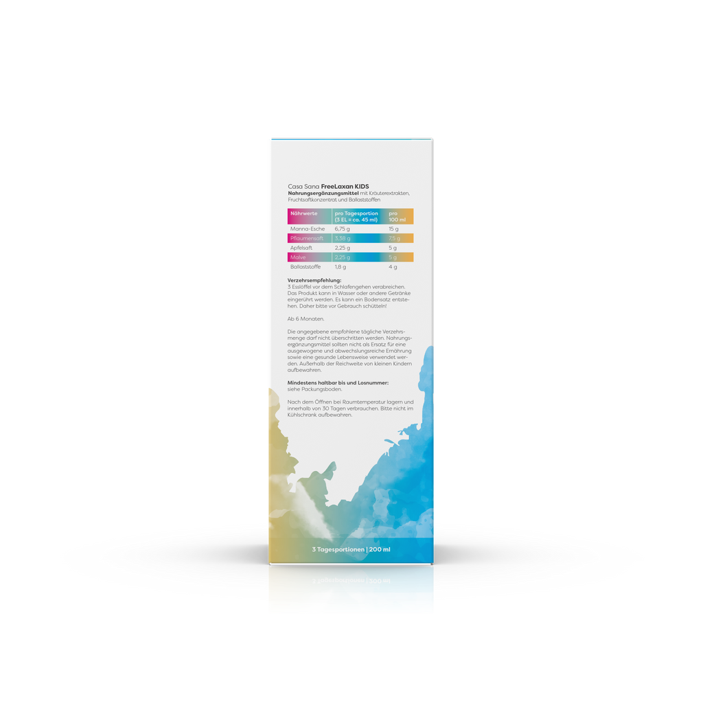 Produktbild des Casa Sana FreeLaxan KIDS mit gelb-blaufarbenem Aquarell Wasserfleck auf der Verpackung. Ansicht rechte Seite