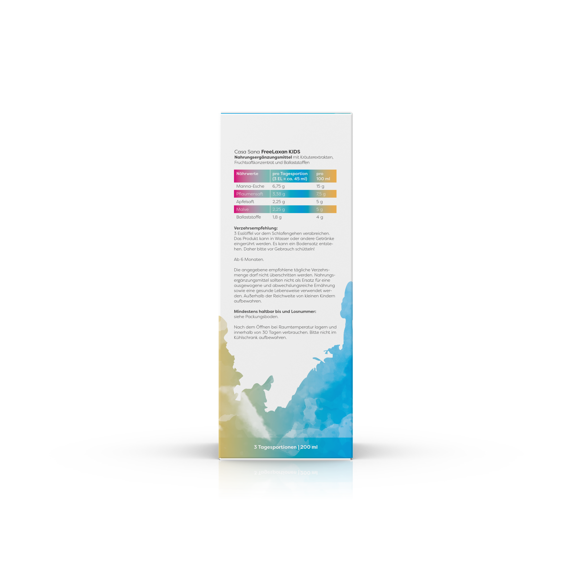 Produktbild des Casa Sana FreeLaxan KIDS mit gelb-blaufarbenem Aquarell Wasserfleck auf der Verpackung. Ansicht rechte Seite
