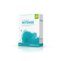 Produktbild schräge Ansicht des Lactobact INTENSE mit türkisfarbenem Aquarell Wasserfleck auf der Verpackung. 20 Kapseln