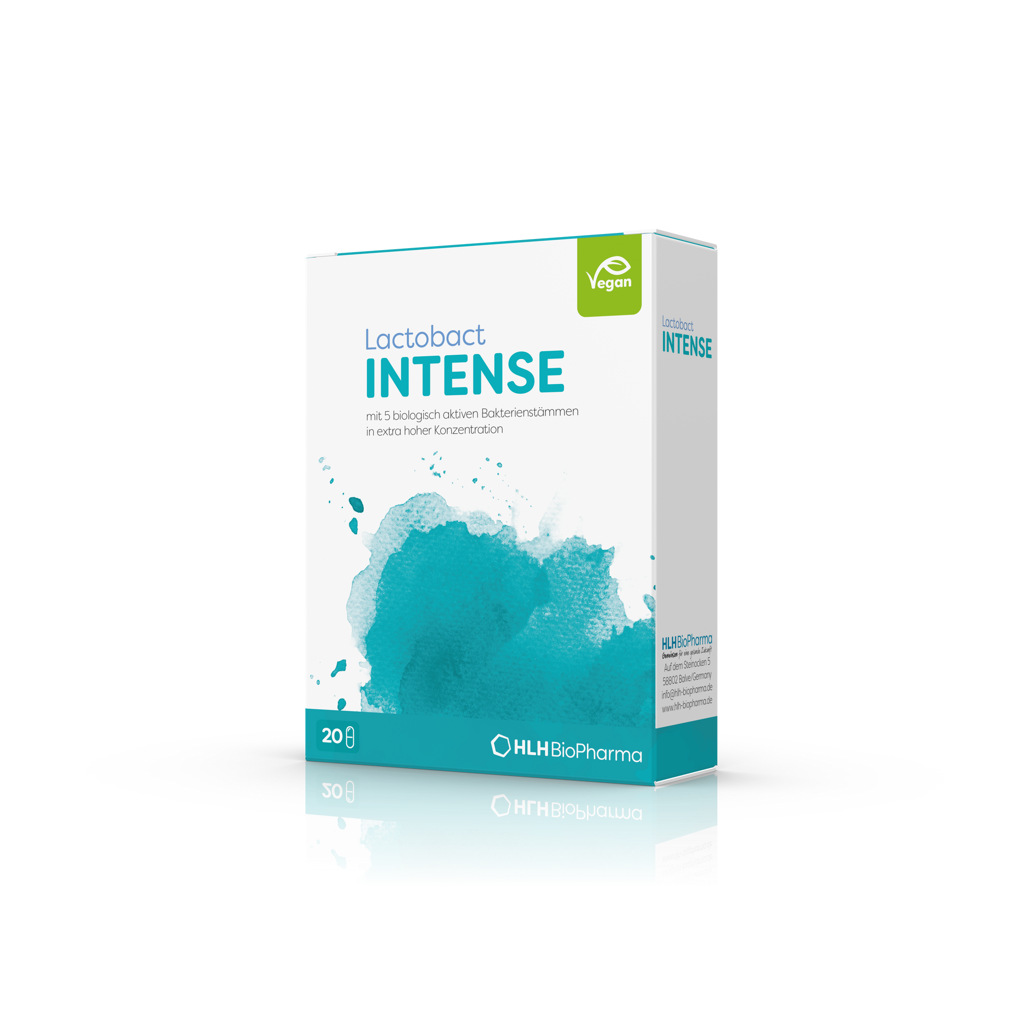Produktbild schräge Ansicht des Lactobact INTENSE mit türkisfarbenem Aquarell Wasserfleck auf der Verpackung. 20 Kapseln