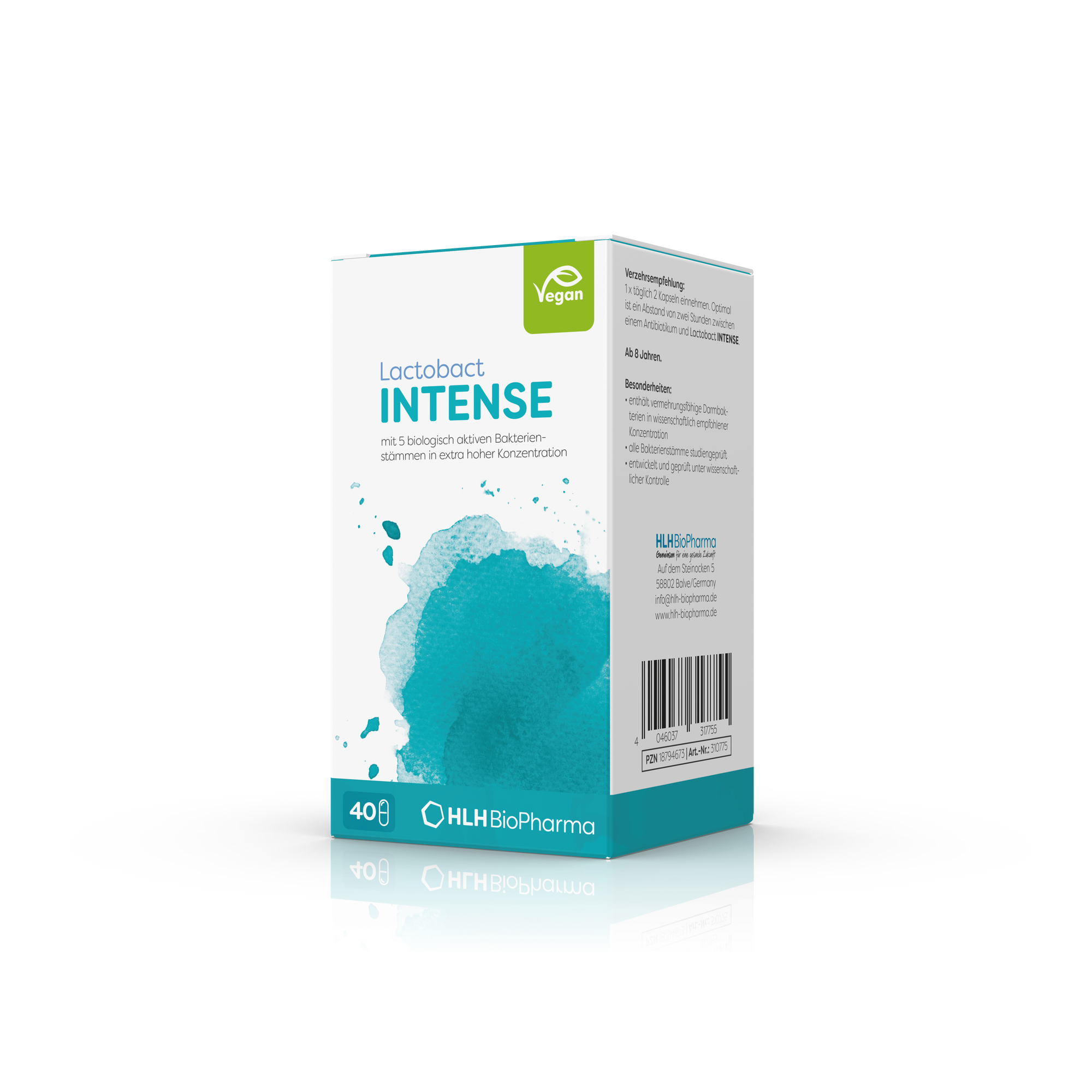 Produktbild schräge Ansicht des Lactobact INTENSE mit türkisfarbenem Aquarell Wasserfleck auf der Verpackung. 40 Kapseln