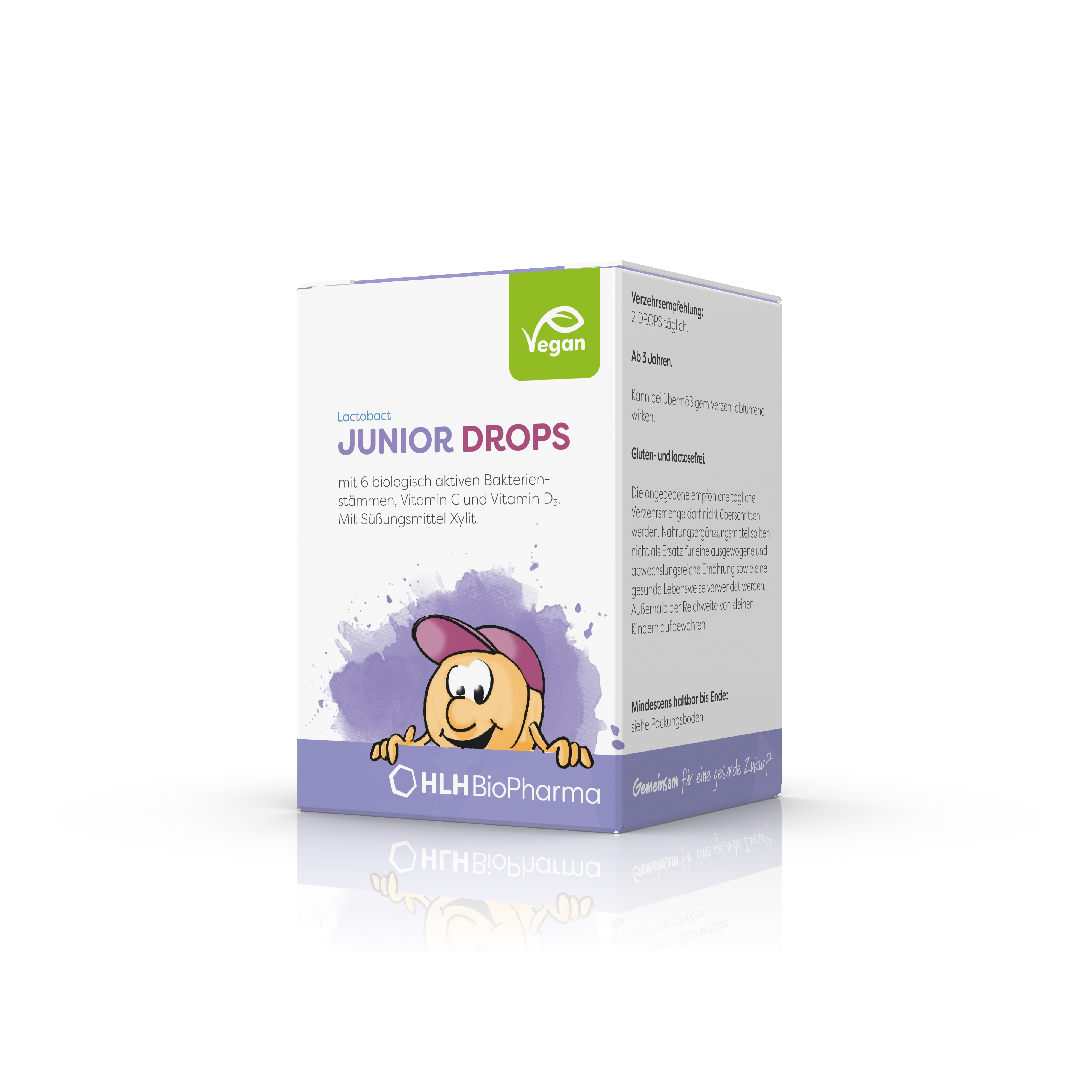 Produktbild schräge Ansicht von Lactobact JUNIOR DROPS 60 Drops mit lilafarbenem Aquarell Wasserfleck und Karikatur mit freundlichem Gesicht und rosa Cappy auf der Verpackung.