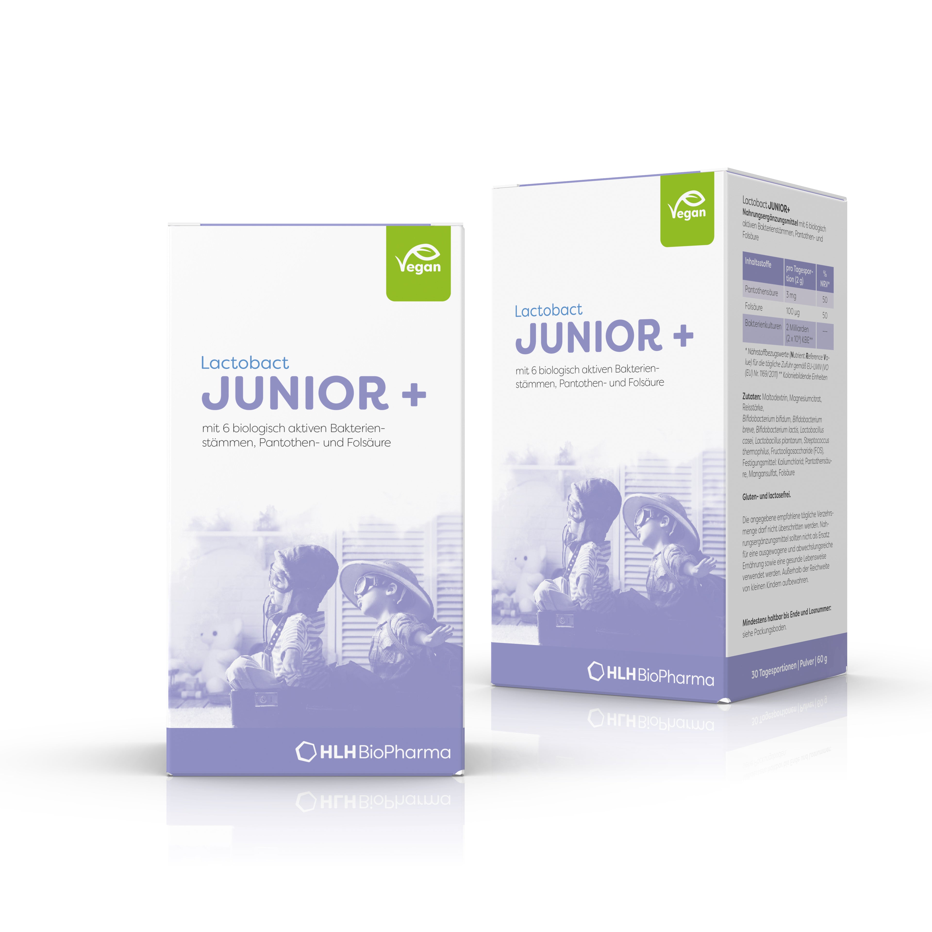 Produktbild schräge Ansicht von Lactobact JUNIOR+ 60 g mit zwei spielenden Kindern auf lilafarbener Verpackung. Davor Lactobact JUNIOR+ 60 g Frontansicht.
