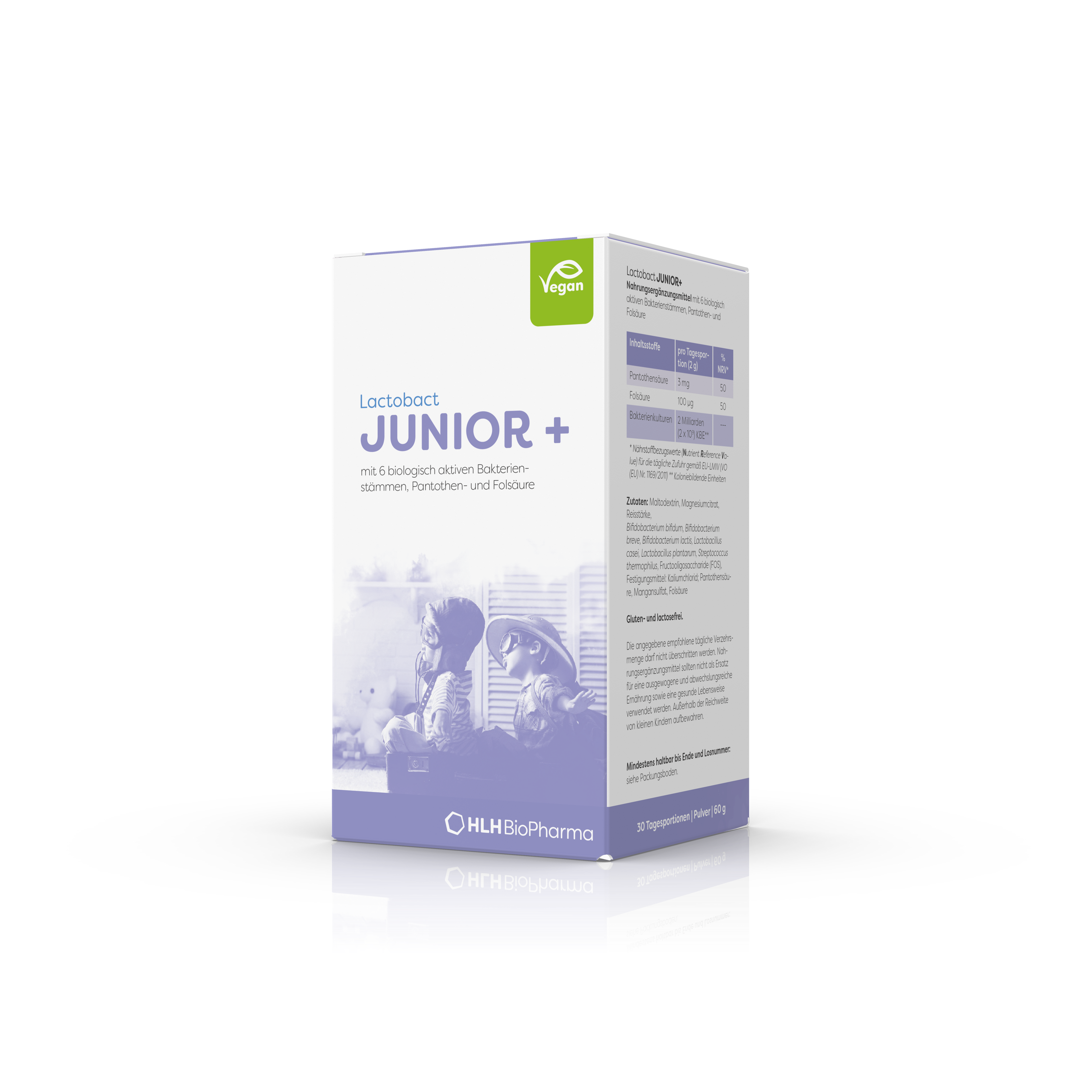 Produktbild schräge Ansicht von Lactobact JUNIOR+ 60 g mit zwei spielenden Kindern auf lilafarbener Verpackung.