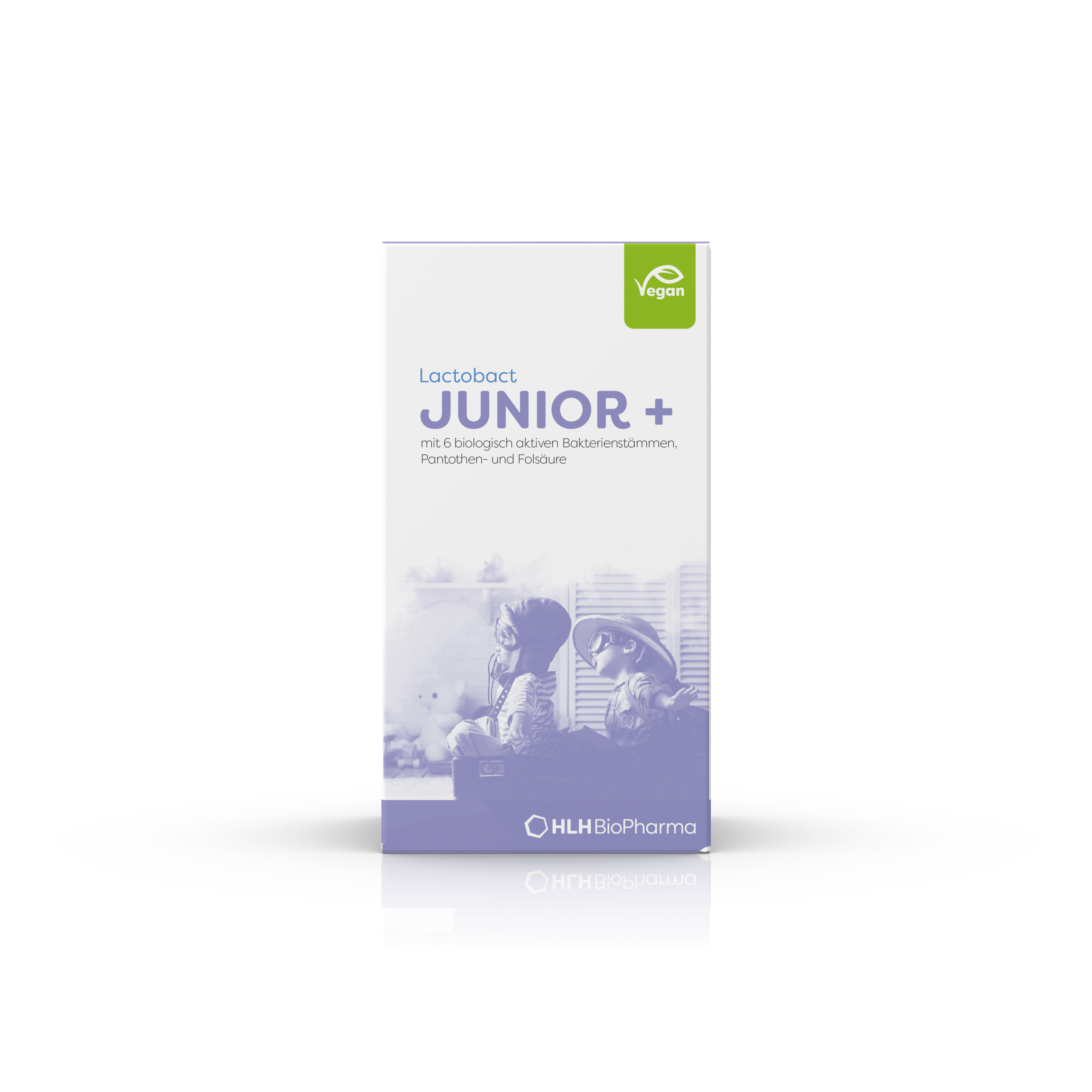 Produktbild Frontansicht von Lactobact JUNIOR+ 60 g mit zwei spielenden Kindern auf lilafarbener Verpackung.