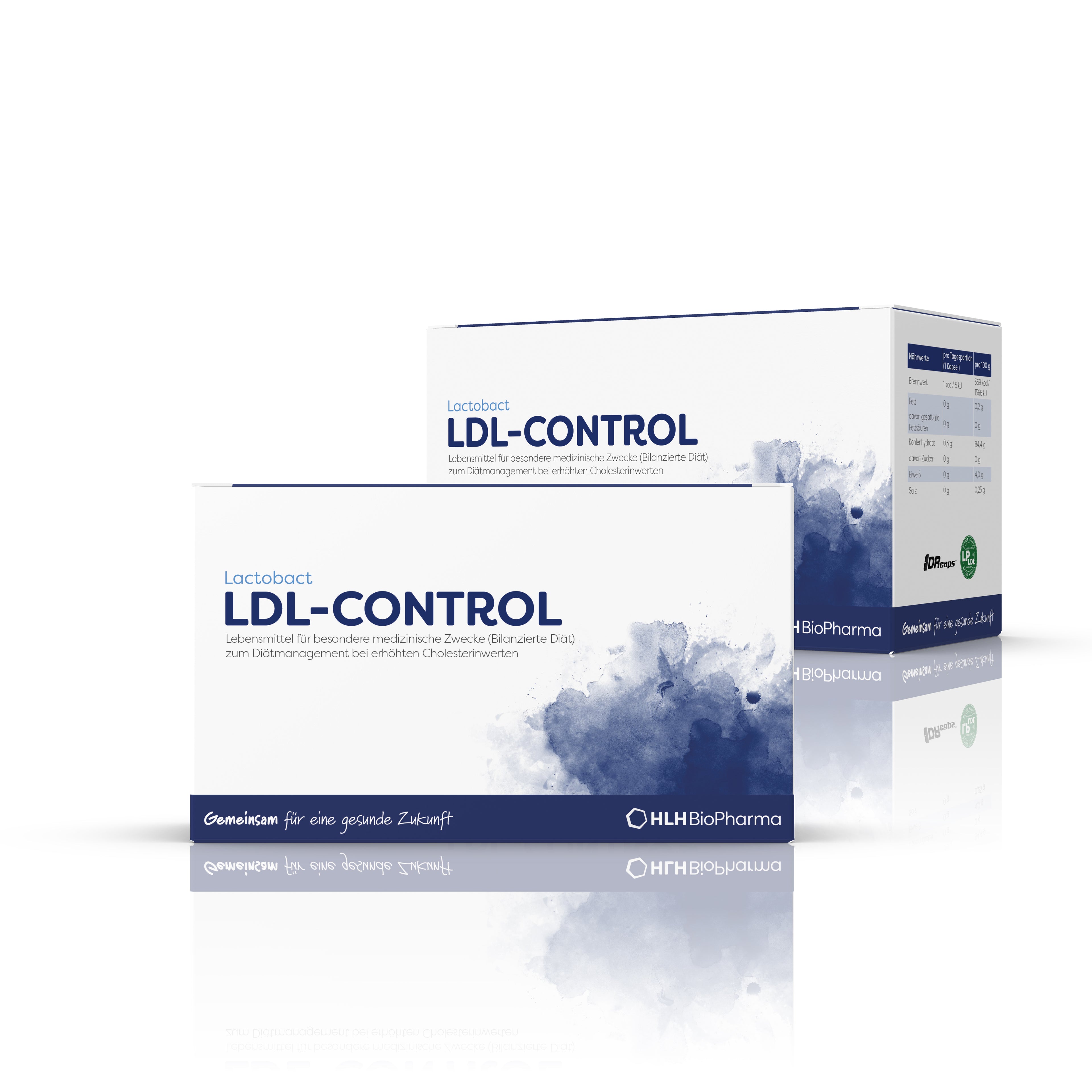 Produktbild schräge Ansicht von Lactobact LDL-CONTROL 90 Kapseln mit dunkelblauem Aquarell Wasserfleck auf der Verpackung. Davor Lactobact LDL-CONTROL 90 Kapseln Frontansicht