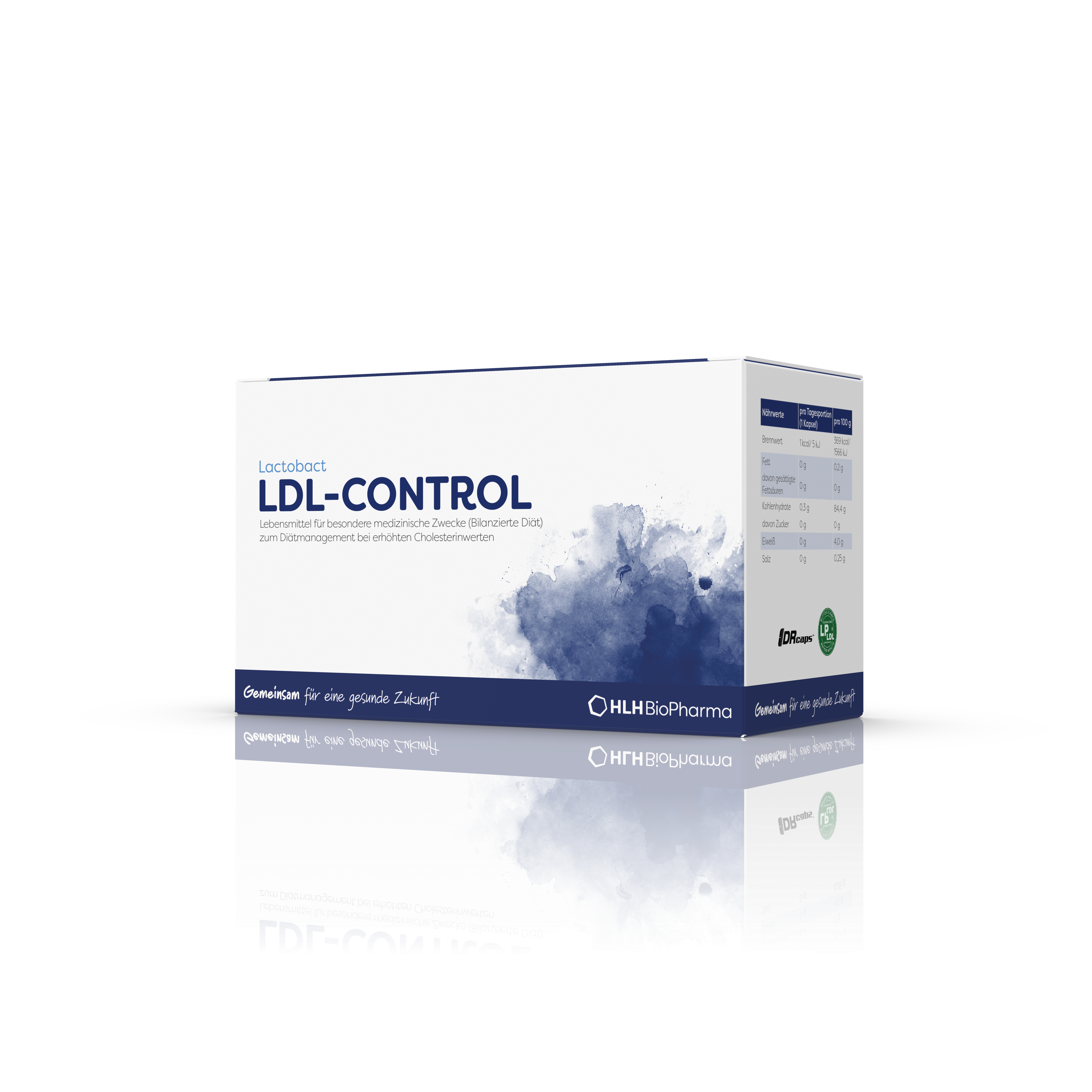 Produktbild schräge Ansicht von Lactobact LDL-CONTROL 90 Kapseln mit dunkelblauem Aquarell Wasserfleck auf der Verpackung. 