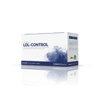 Produktbild schräge Ansicht von Lactobact LDL-CONTROL 90 Kapseln mit dunkelblauem Aquarell Wasserfleck auf der Verpackung. 