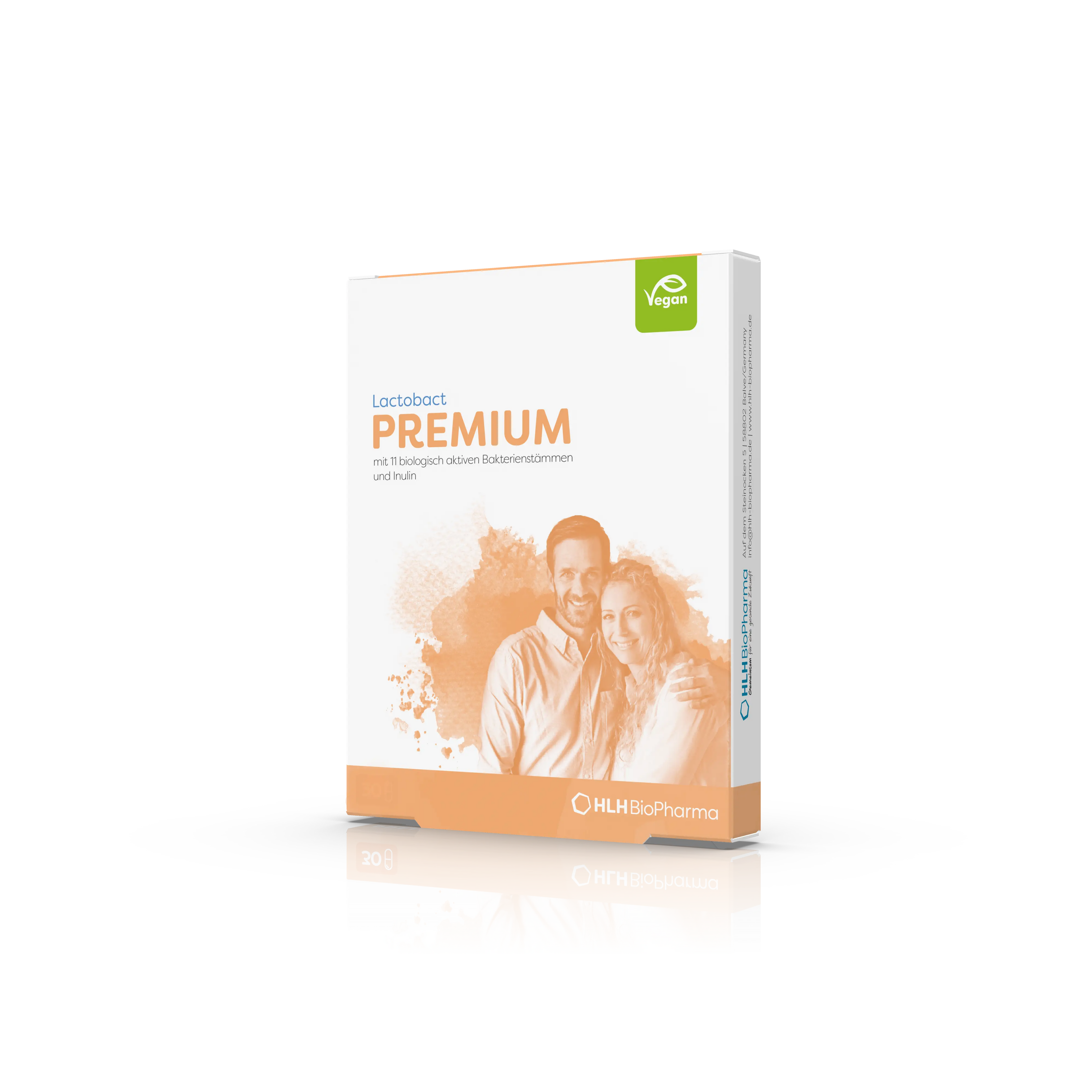 Produktbild schräge Ansicht von Lactobact PREMIUM 10 Kapseln mit glücklichem Paar und beigem Aquarell Wasserfleck auf der Verpackung. 