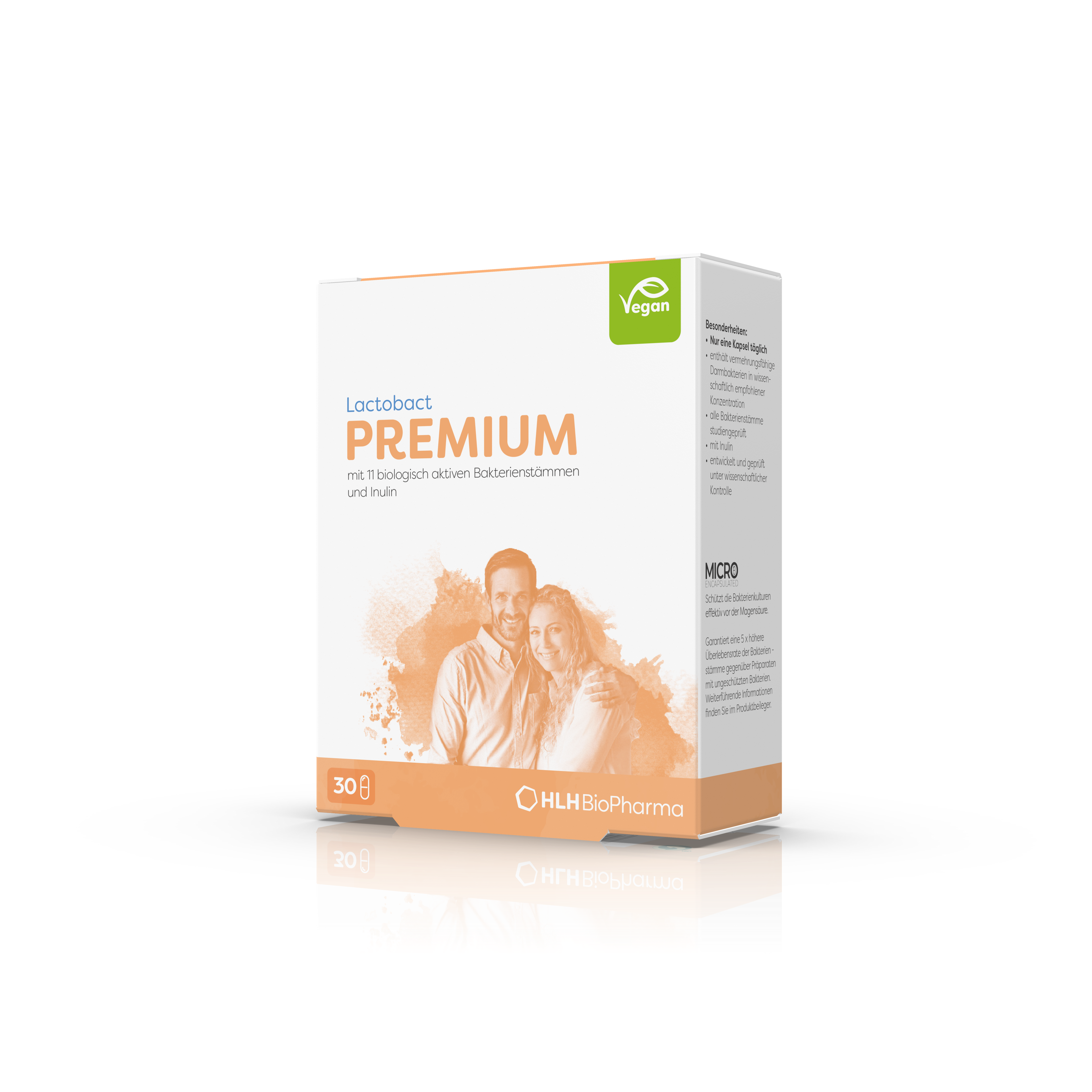 Produktbild schräge Ansicht von Lactobact PREMIUM 30 Kapseln mit glücklichem Paar und beigem Aquarell Wasserfleck auf der Verpackung. 