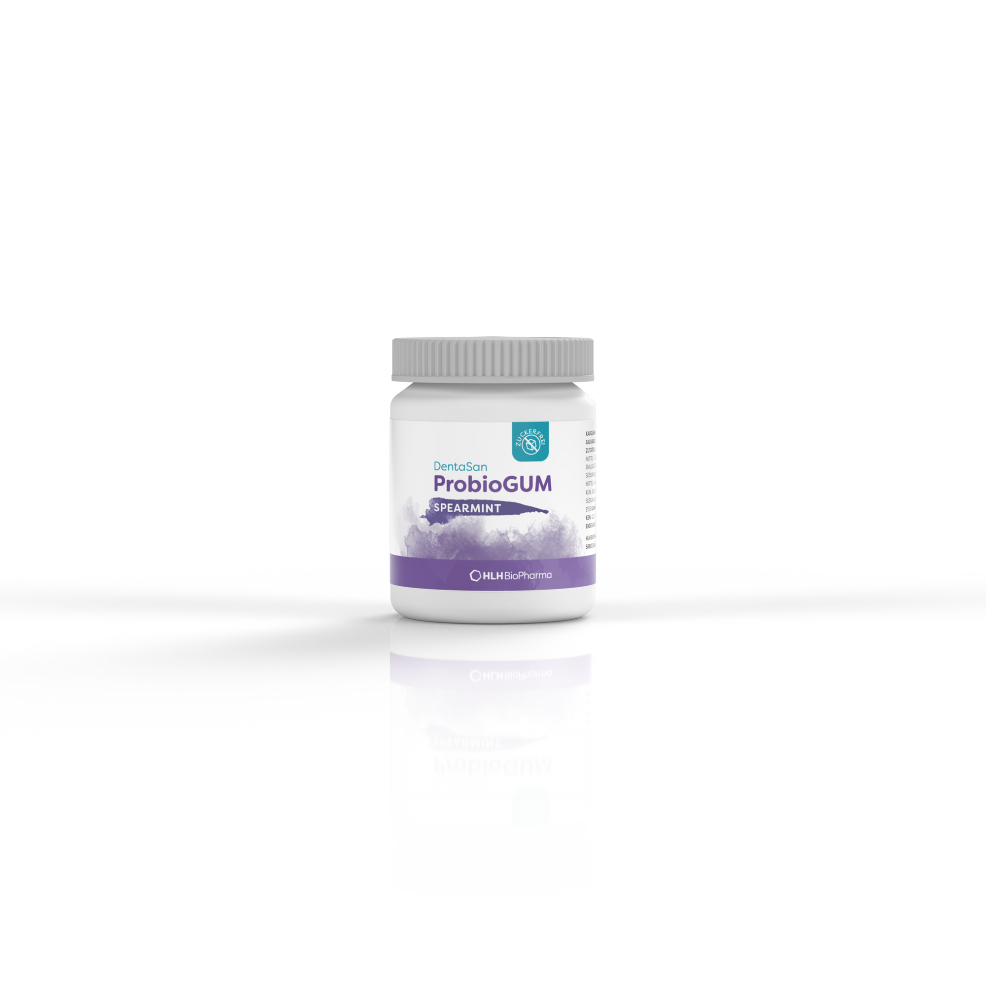 Produktbild Frontansicht des DentaSan ProbioGUM mit weißer Dose und lila Aquarell Wasserfleck auf dem Etikett.