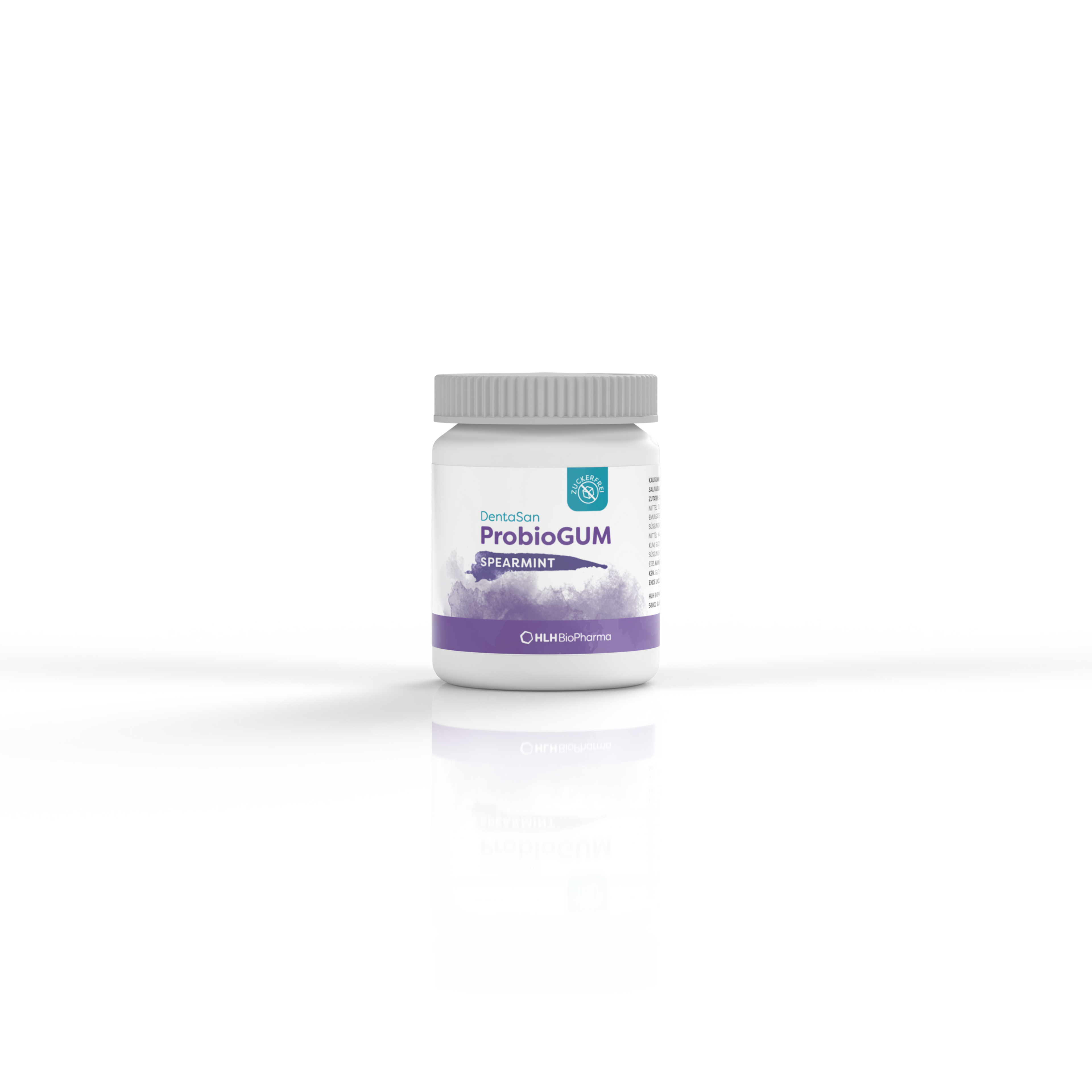 Produktbild Frontansicht des DentaSan ProbioGUM mit weißer Dose und lila Aquarell Wasserfleck auf dem Etikett.