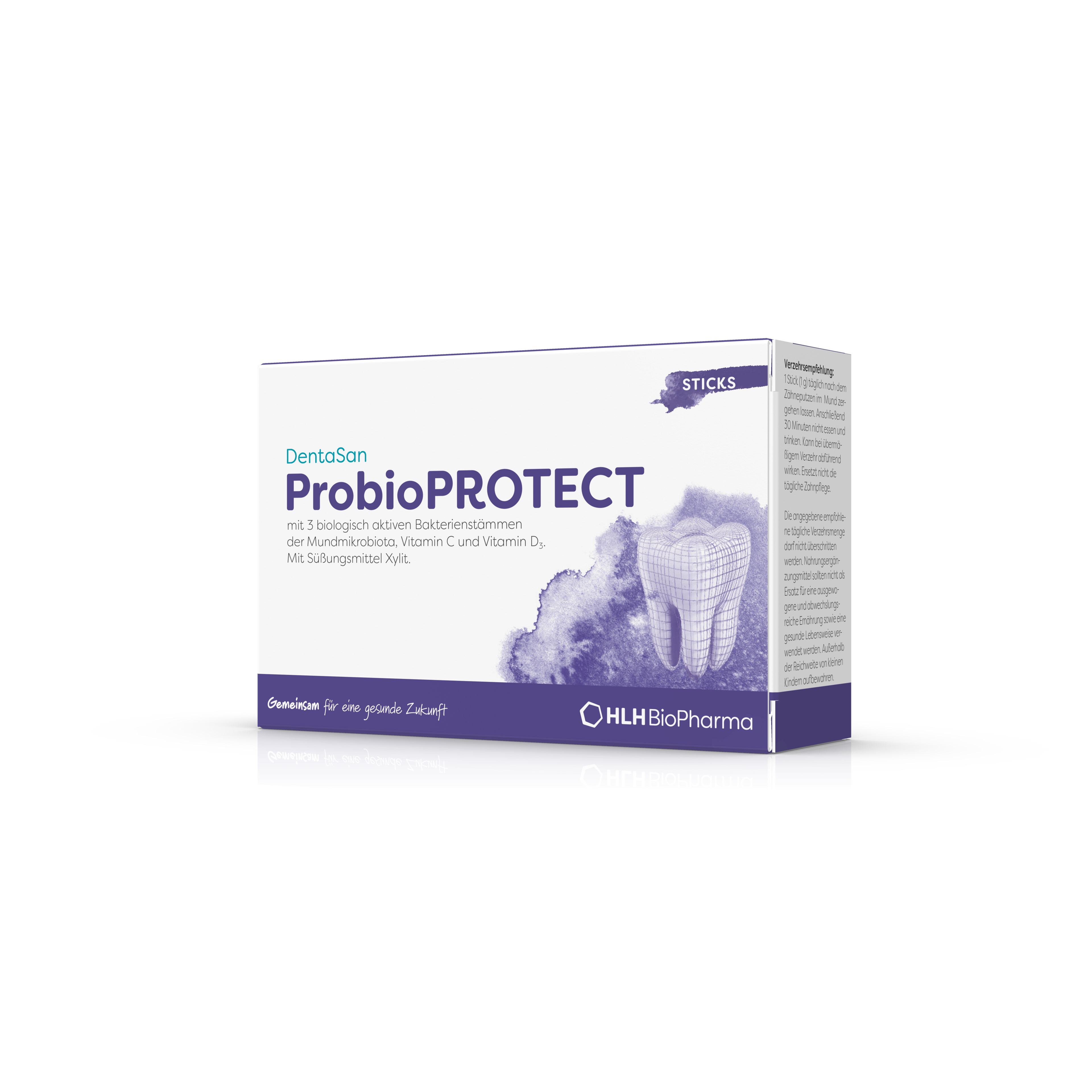 Produktbild schräge Ansicht des DentaSan ProbioPROTECT mit lilafarbenem Aquarell Wasserfleck und einer Zahn-Abbildung auf der Verpackung. 14 Sticks