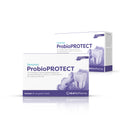 Produktbild schräge Ansicht des DentaSan ProbioPROTECT mit lilafarbenem Aquarell Wasserfleck und einer Zahn-Abbildung auf der Verpackung. 28 Sticks