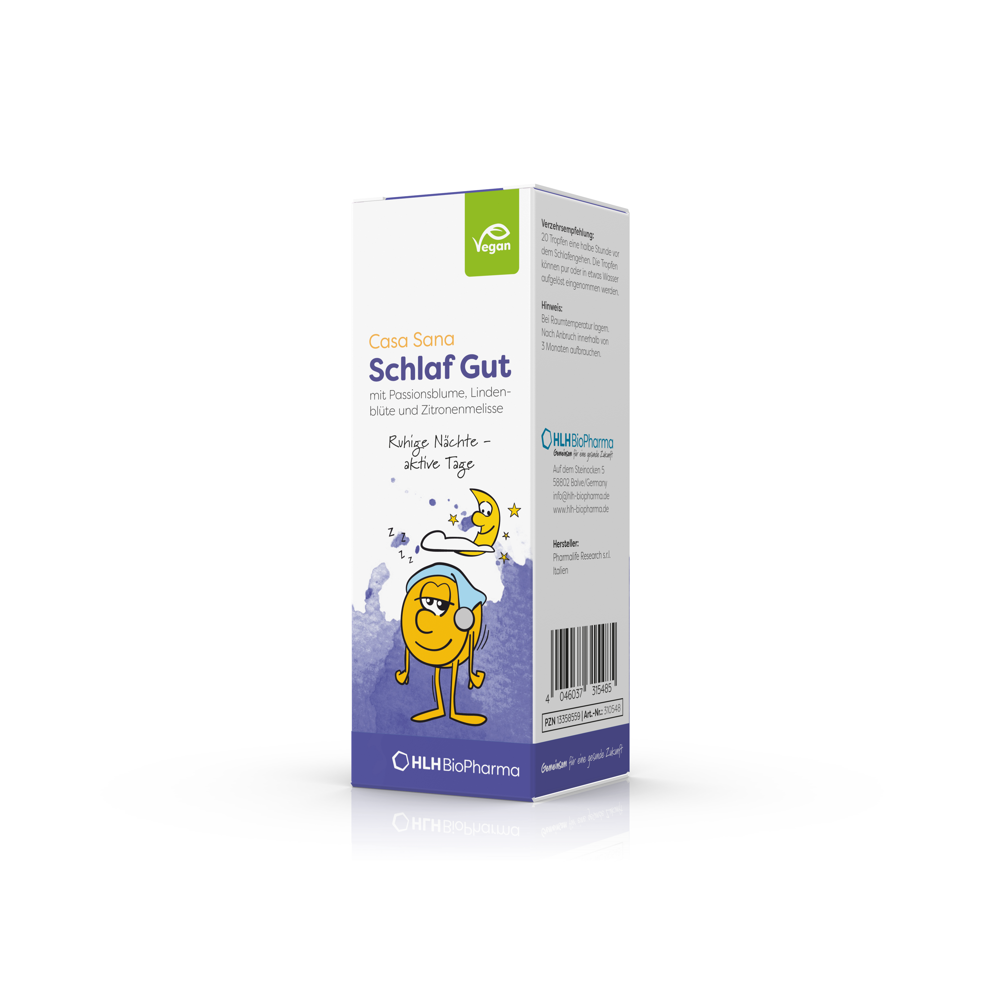 Produktbild schräge Ansicht des Casa Sana Schlaf Gut mit lilafarbenem Aquarell Wasserfleck und Karikatur mit müdem Gesicht auf der Verpackung.