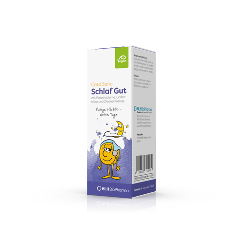 Produktbild schräge Ansicht des Casa Sana Schlaf Gut mit lilafarbenem Aquarell Wasserfleck und Karikatur mit müdem Gesicht auf der Verpackung.