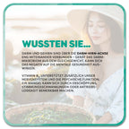 Auf dem Bild: Frau hält Schale mit Algen in der Hand. Im Vordergrund steht: Wussten Sie…‘ in grüner Schrift. Darunter steht: Darm und Gehirn sind über die Darm-Hirn-Achse eng miteinander verbunden – gerät das Darmmikrobiom aus dem Gleichgewicht, kann sich das negativ auf die mentale Gesundheit auswirken. Vitamin B12 unterstützt zusätzlich unser Nervensystem und die psychische Funktion. Ein Mangel kann sich durch Erschöpfung, Stimmungsschwankungen oder Antriebs-Losigkeit bemerkbar machen. 