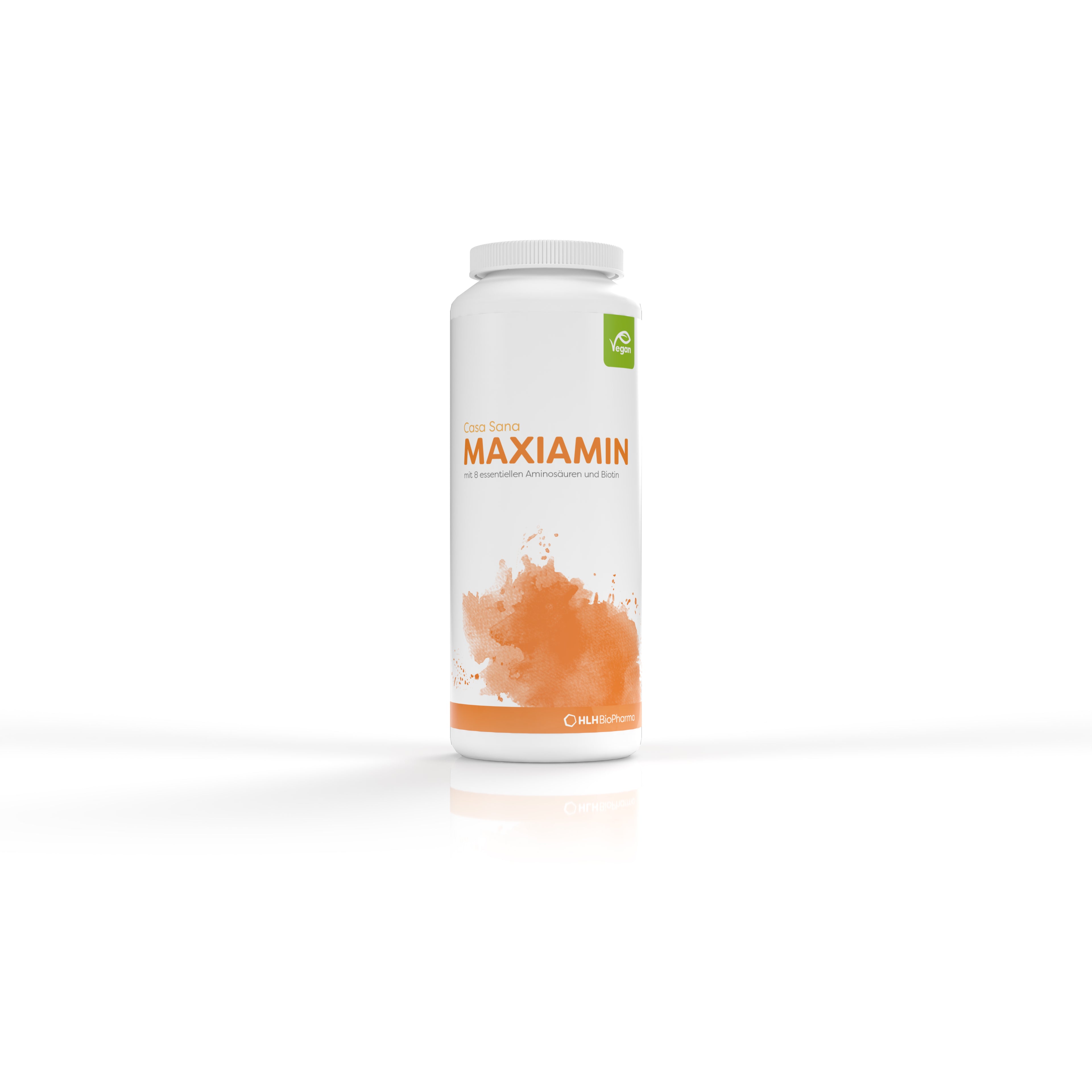Produktbild Frontansicht von Casa Sana MAXIAMIN 160 Kapseln. Eine weiße Dose mit orangenem Aquarell Wasserfleck auf dem Etikett.