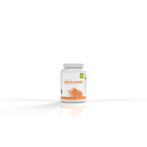 Produktbild Frontansicht von Casa Sana MAXIAMIN 80 Kapseln. Eine weiße Dose mit orangenem Aquarell Wasserfleck auf dem Etikett.
