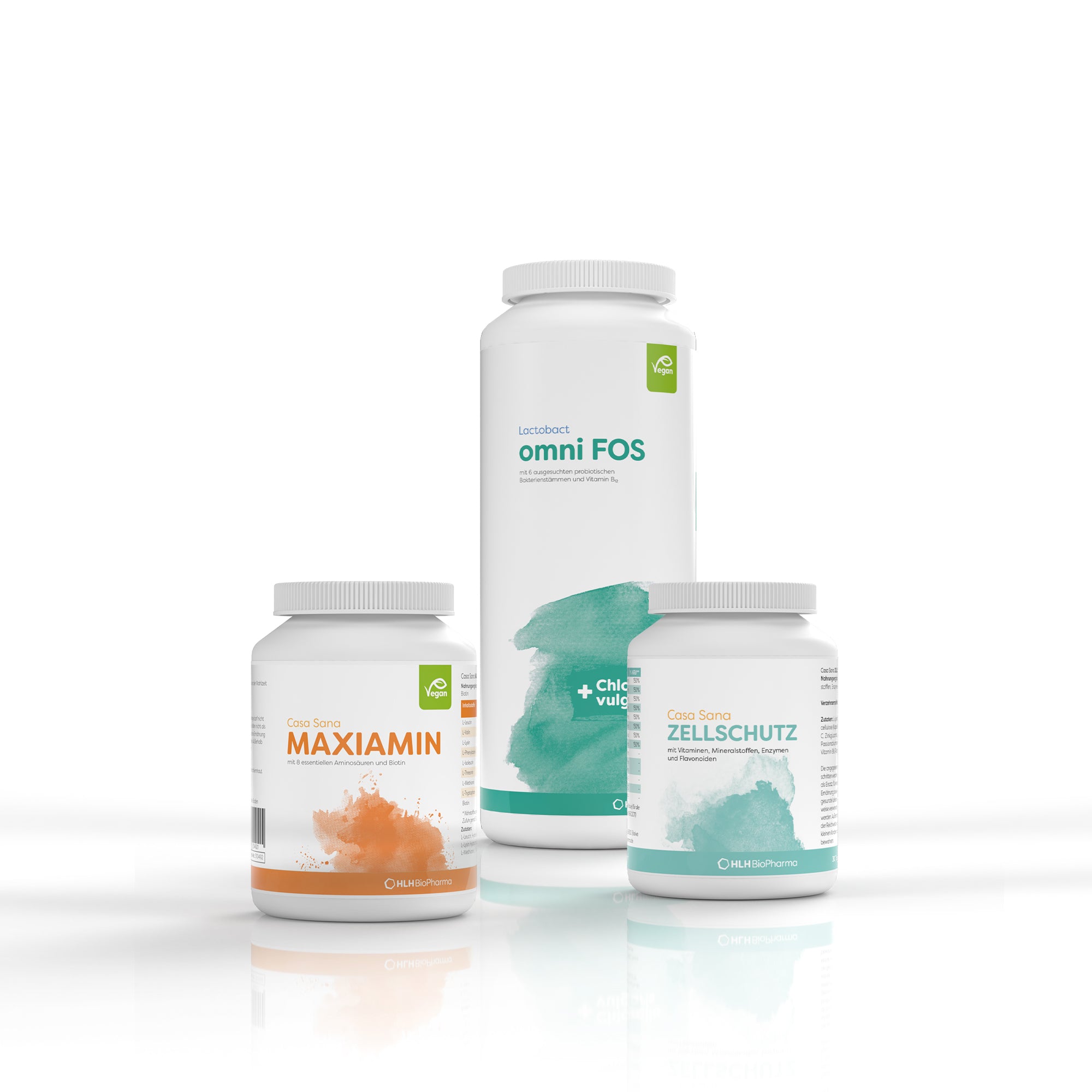 Produktbild Mentale-Gesundheit-Paket: Links Casa Sana MAXIAMIN 80 Kapseln, rechts Casa Sana ZELLSCHUTZ 90 Kapseln und in der Mitte Lactobact omni FOS  300 Kapseln