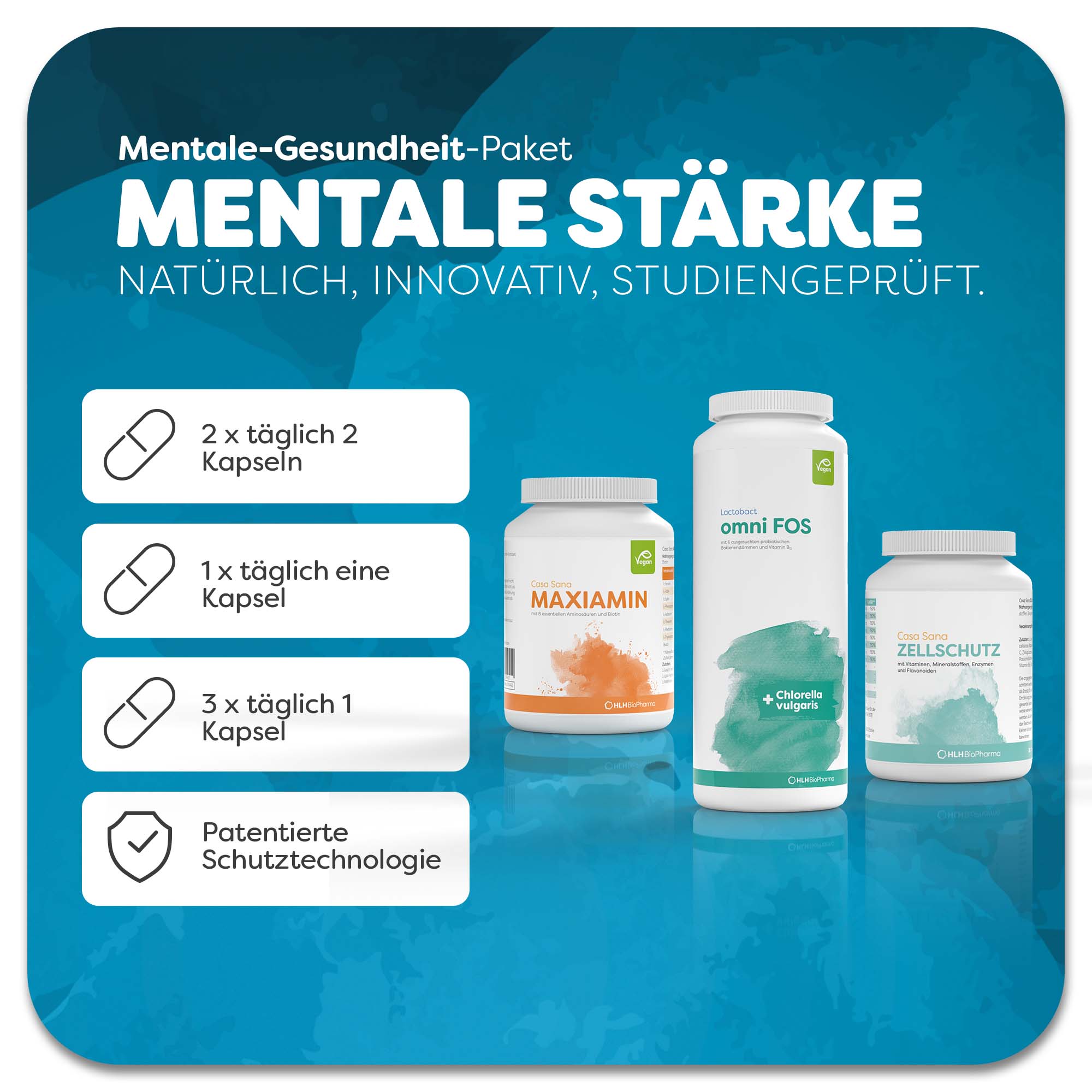 Mentale-Gesundheit-Paket für mentale Stärke mit Gebinden von  Casa Sana MAXIAMIN, Lactobact omni FOS und Casa Sana Zellschutz
