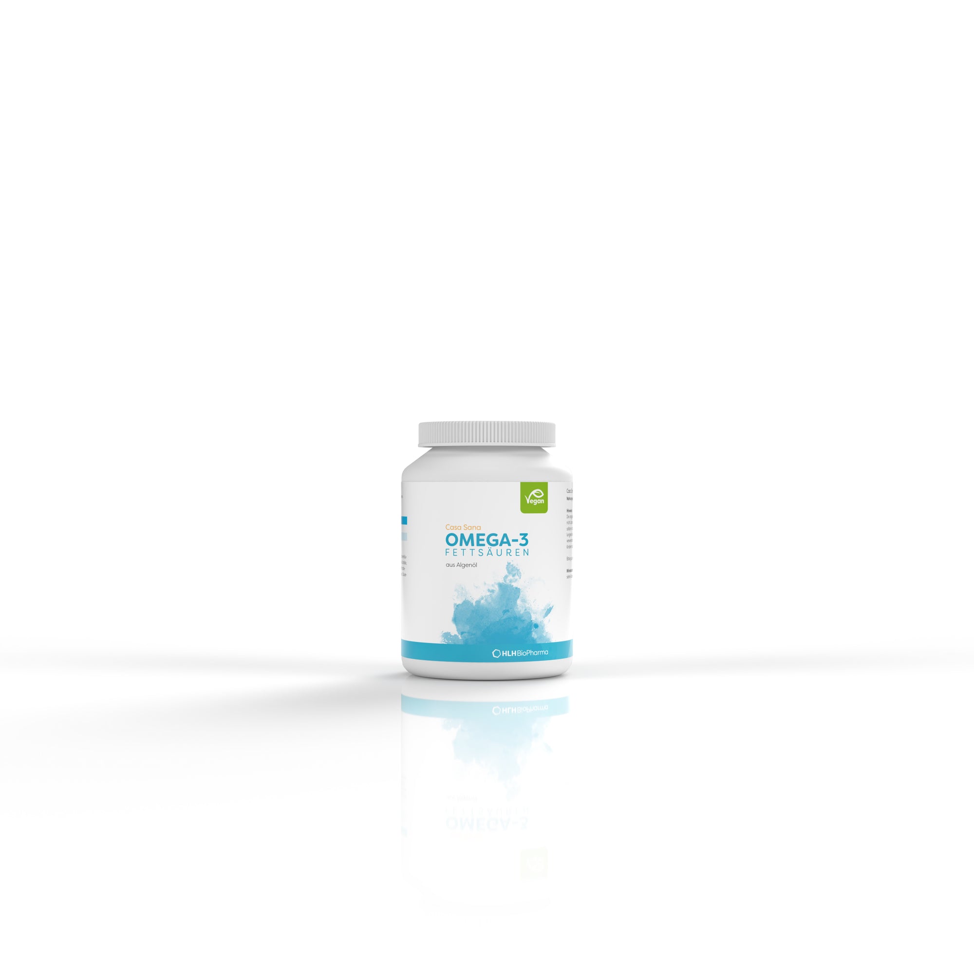 Produktbild Frontansicht von Casa Sana OMEGA-3 Fettsäuren. Eine weiße Dose mit hellblauem Aquarell Wasserfleck auf dem Etikett.