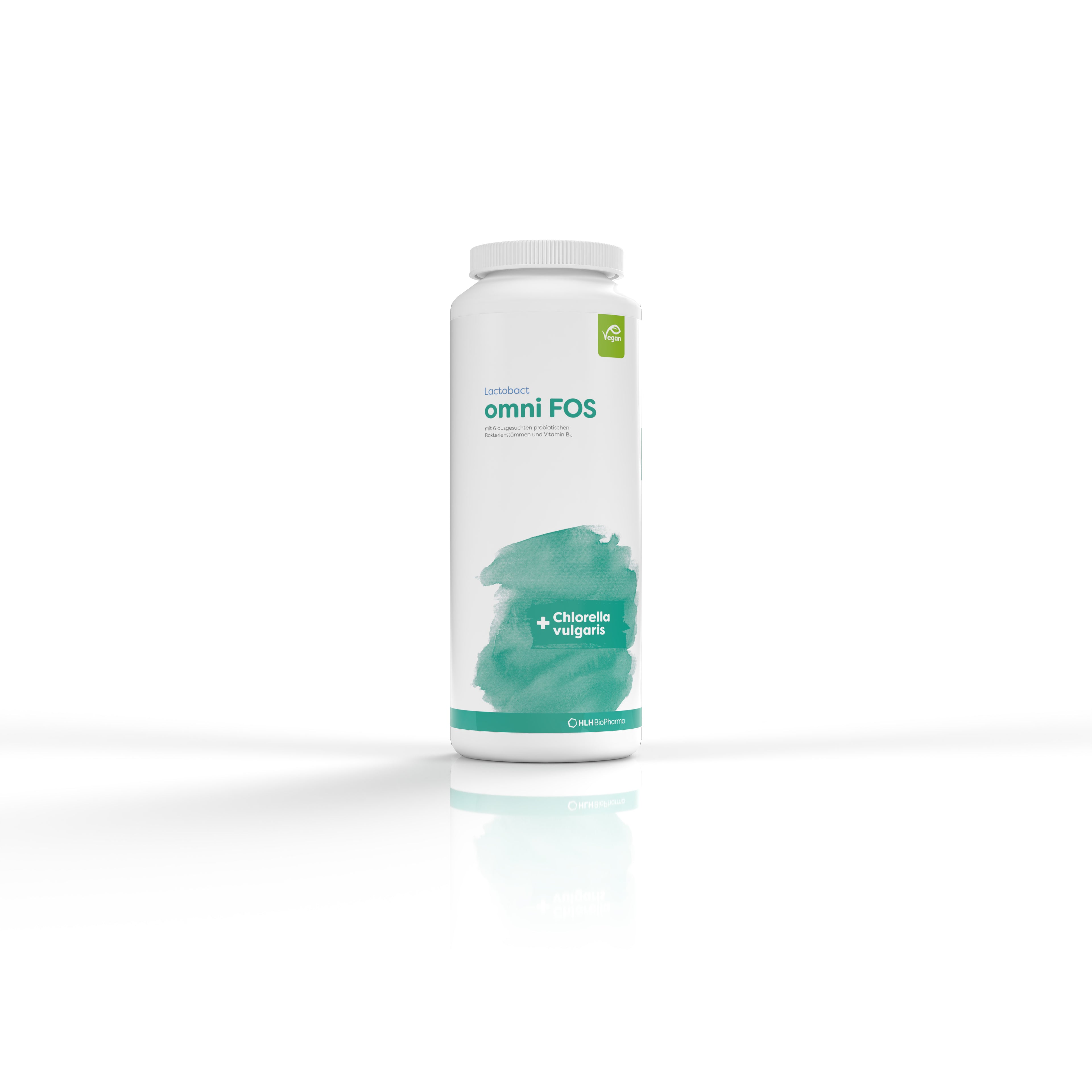 Produktbild Frontansicht von Lactobact omni FOS 300 Kapseln. Eine weiße Dose mit grünem Aquarell Wasserfleck auf dem Etikett. 

