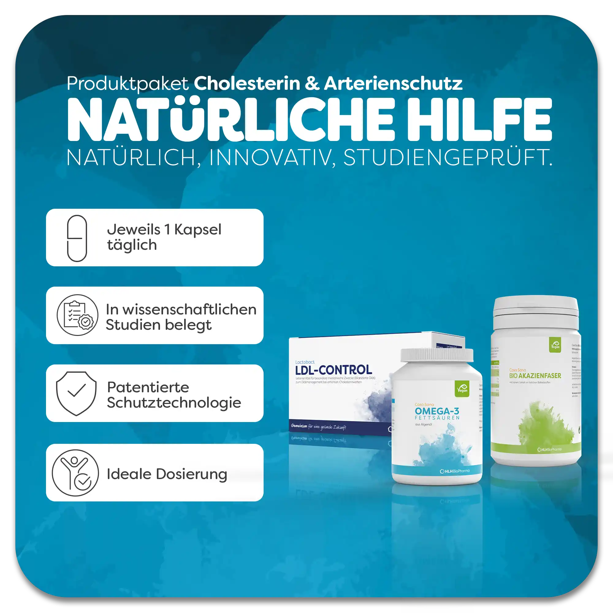 Cholesterin & Arterienschutz Paket mit Einnahmeempfehlung für natürliche Hilfe mit Lactobact LDL-Control, Casa Sana OMEGA-3 und Casa Sana BIO AKAZIENFASER